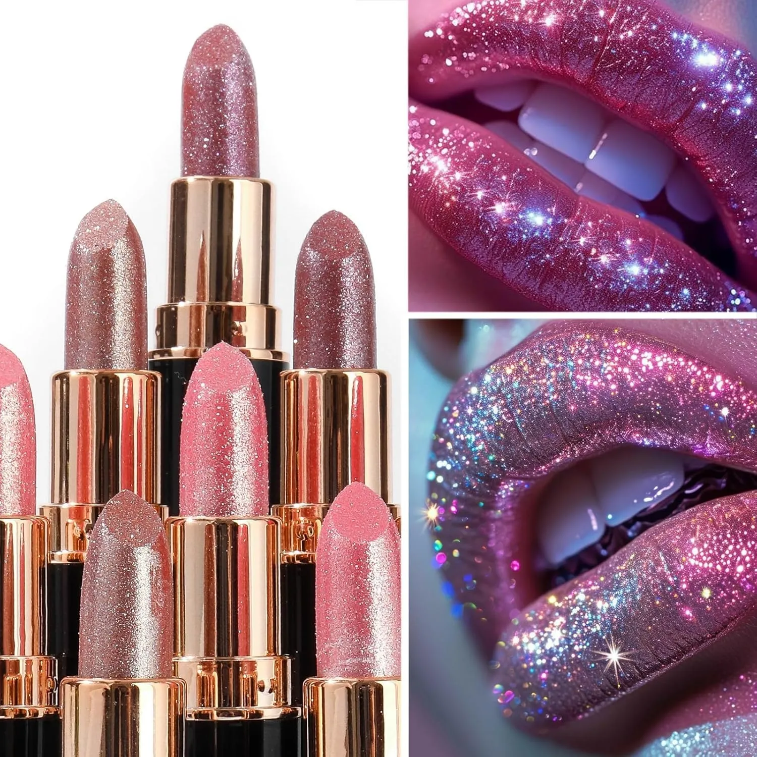 Diamond Glitter Lipstick, Diamond Lip Gloss Glitter Lipstick Waterproof Long Lasting Non-Stick Glitter Shimmer Liptint, Metallic lipsticks for Women (1 Set, 3.5G)