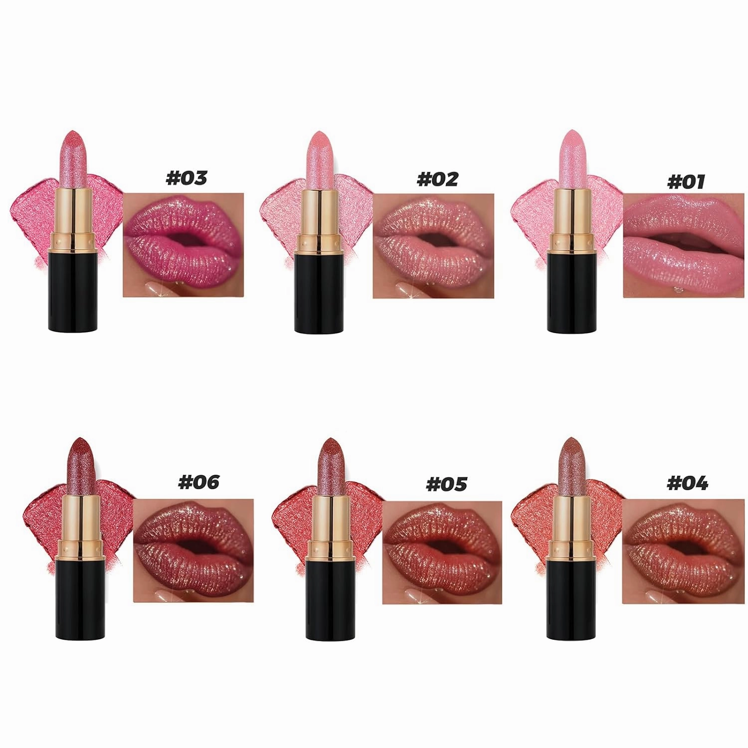 Diamond Lip Gloss Glitter Lipstick Waterproof, Metallic Lipstick for Women, Lightweight Hydrating Formula, Longlasting Waterproof Smudgeproof and Non-stick (#4, 0.2Fl Oz)