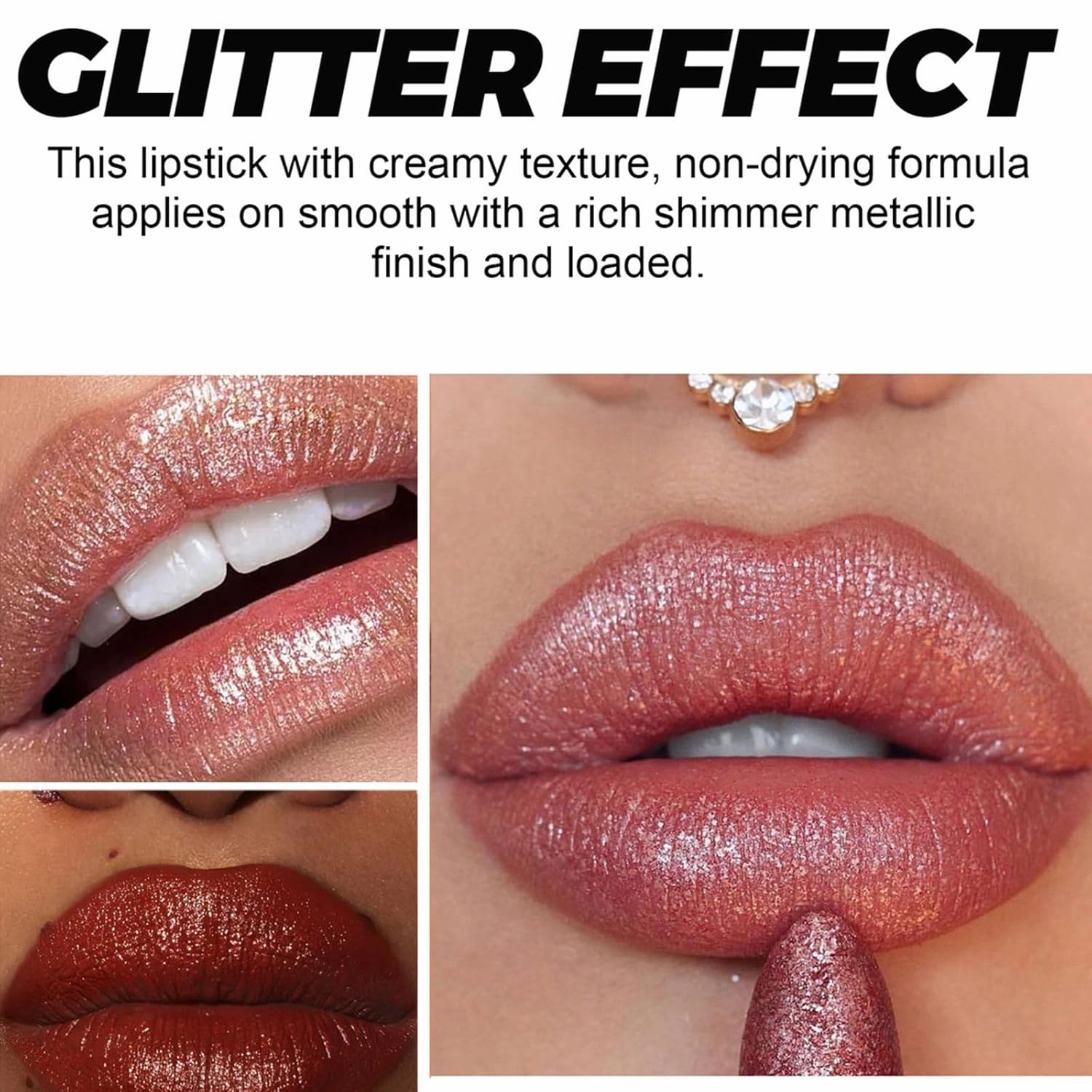 Diamond Lip Gloss Glitter Lipstick Waterproof, Metallic Lipstick for Women, Lightweight Hydrating Formula, Longlasting Waterproof Smudgeproof and Non-stick (#4, 0.2Fl Oz)