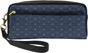 Dotted Lines Geometric Shapes On Blue Shade Backdrop Leather Portable Cosmetic Storage Bag, Travel Cosmetic Bag, Daily Storage Bag For Men And Women