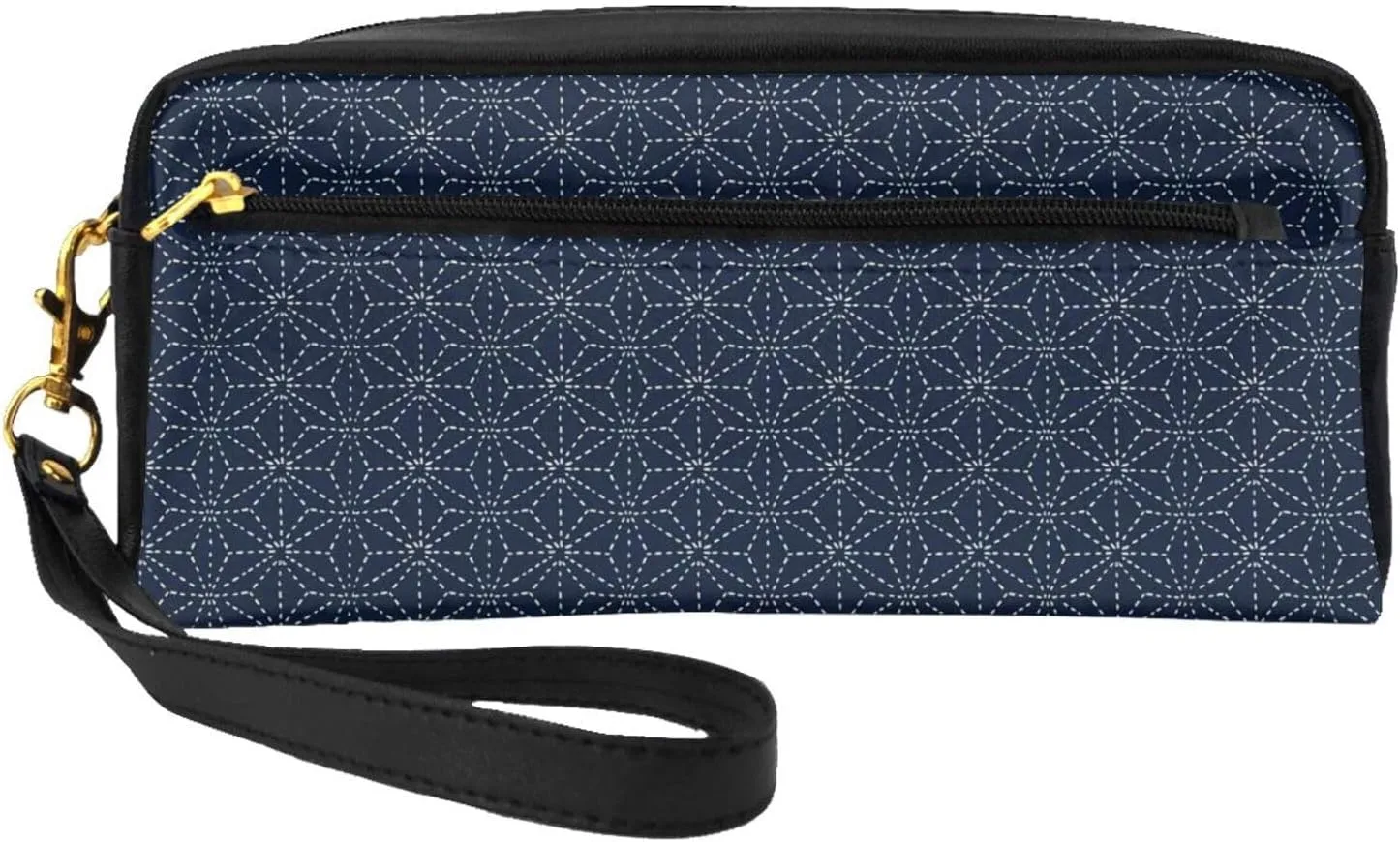 Dotted Lines Geometric Shapes On Blue Shade Backdrop Leather Portable Cosmetic Storage Bag, Travel Cosmetic Bag, Daily Storage Bag For Men And Women