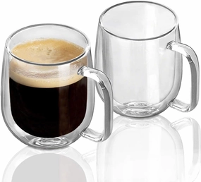 Double Wall Glass Coffee Mugs Tea Cups Set of 2, Thermal Insulated and No Condensation with Wide Handle, 12OZ (360ML)