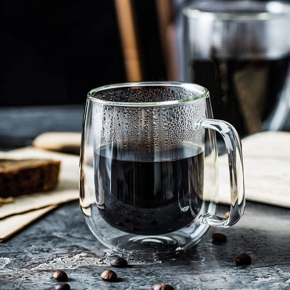 Double Wall Glass Coffee Mugs Tea Cups Set of 2, Thermal Insulated and No Condensation with Wide Handle, 12OZ (360ML)