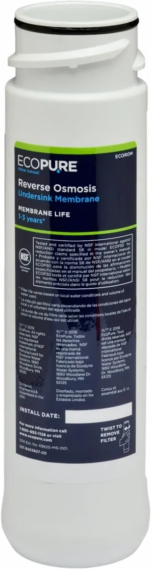 EcoPure ECOROM Reverse Osmosis Under Sink Replacement Water Membrane | NSF Certified | Fits Ecop30 System | 1-3-Year Filter Life, 0.9 , White