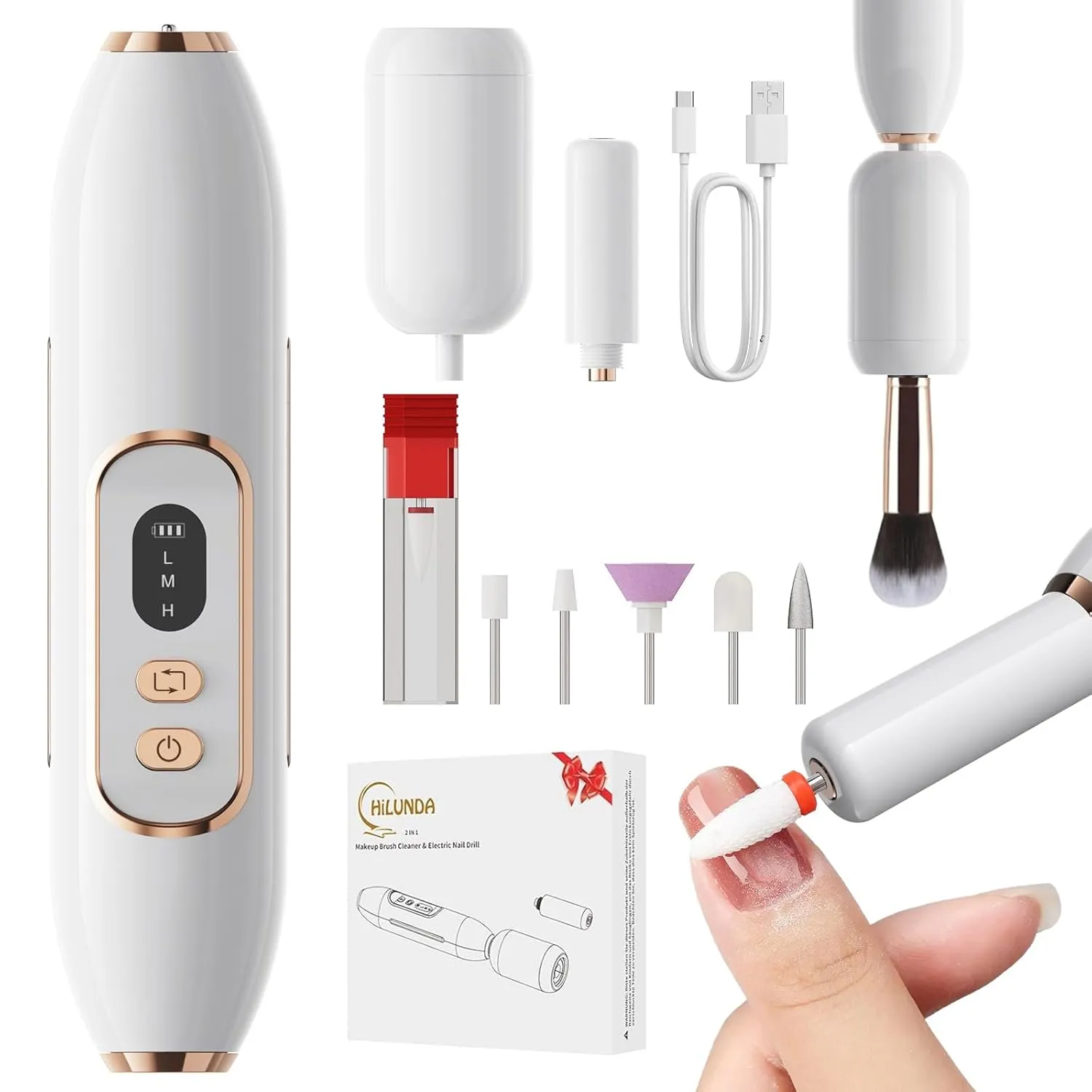 Electric Makeup Brush Cleaner Machine (No Bowl) & Nail Drill Electric Nail File 2-in-1, 1500 mAh Battery, Ultra Low Noise, Portable and Rechargeable for Travel & Home, for Cosmetic Brush Dryer