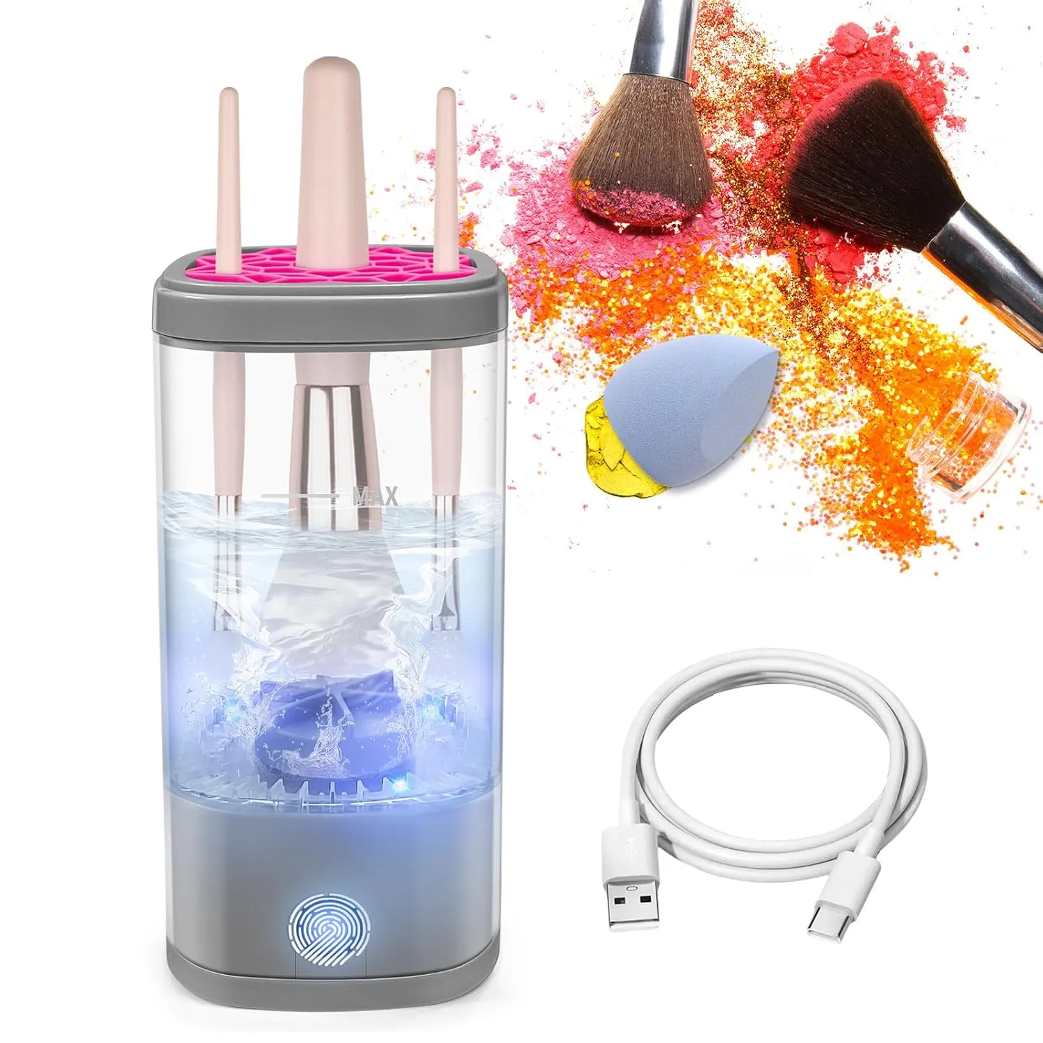 Electric Makeup Brush Cleaner Machine, Ultimate Efficient Automatic Cleaner for All Types of Makeup Brushes - Gray Pink