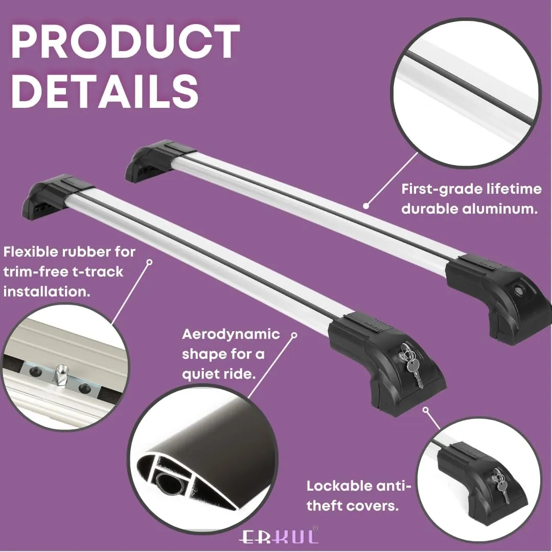 ERKUL Heavy Duty 220lbs Roof Rack Cross Bars for Hyundai Santa Cruz 2022-2025 | Solid Metal Mounts | Aluminum Crossbars with Anti Theft Lock for Rooftop - Compatible with Flush Rails - Silver
