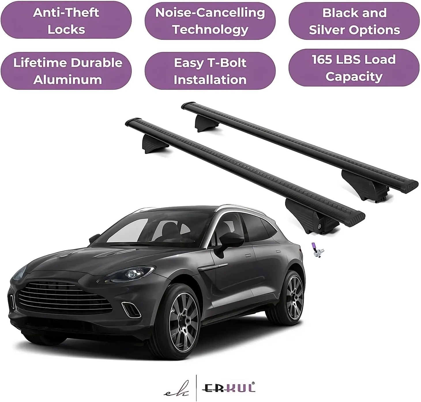 ERKUL Roof Rack Cross Bars for Aston Martin DBX 2021-2025 | Aluminum Crossbars with Anti Theft Lock for Rooftop | Compatible with Flush Rails - Black
