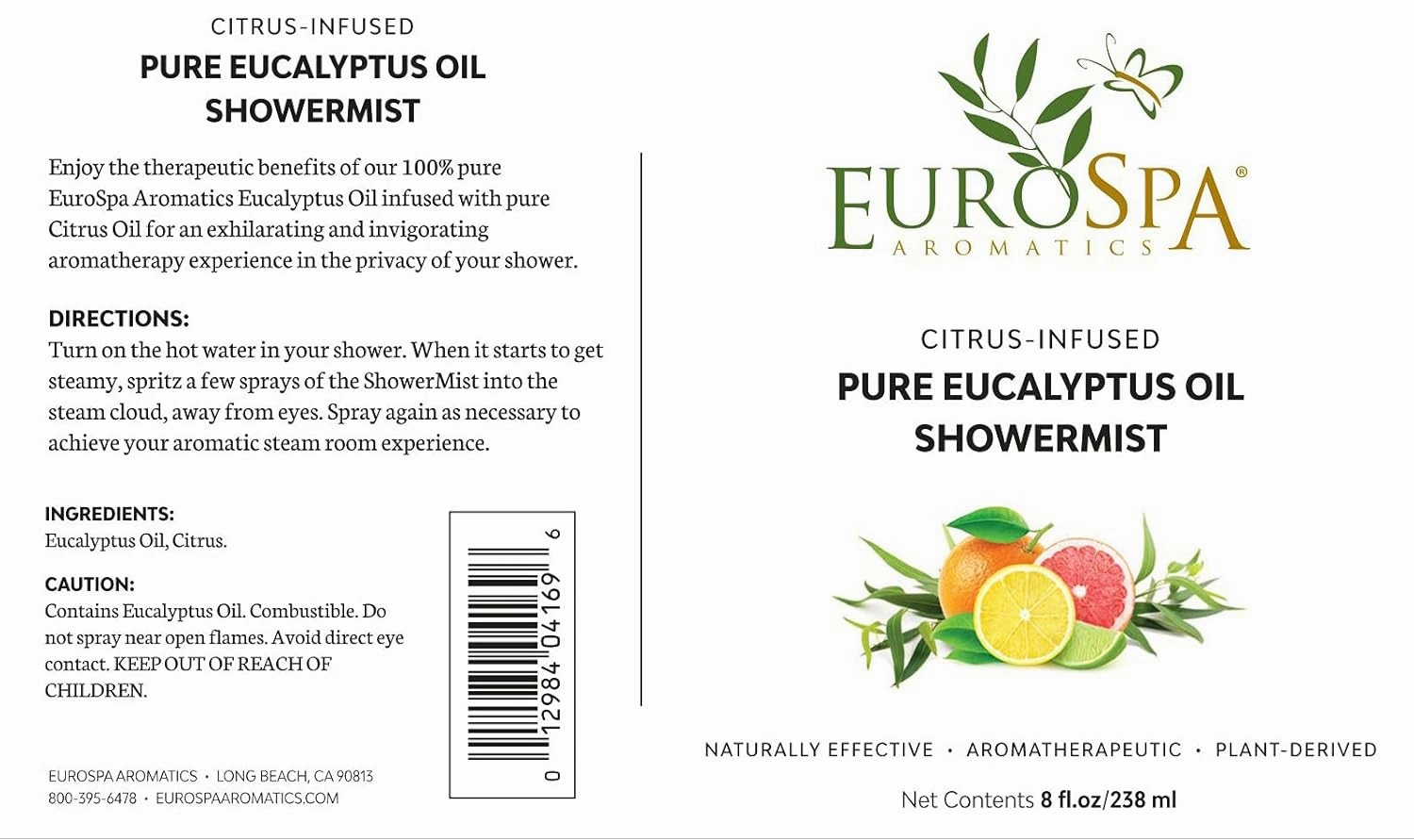 EuroSpa Aromatics Pure Eucalyptus Oil ShowerMist and Steam Room Spray, All-Natural Premium Aromatherapy Essential Oils - Citrus Infused, 2oz
