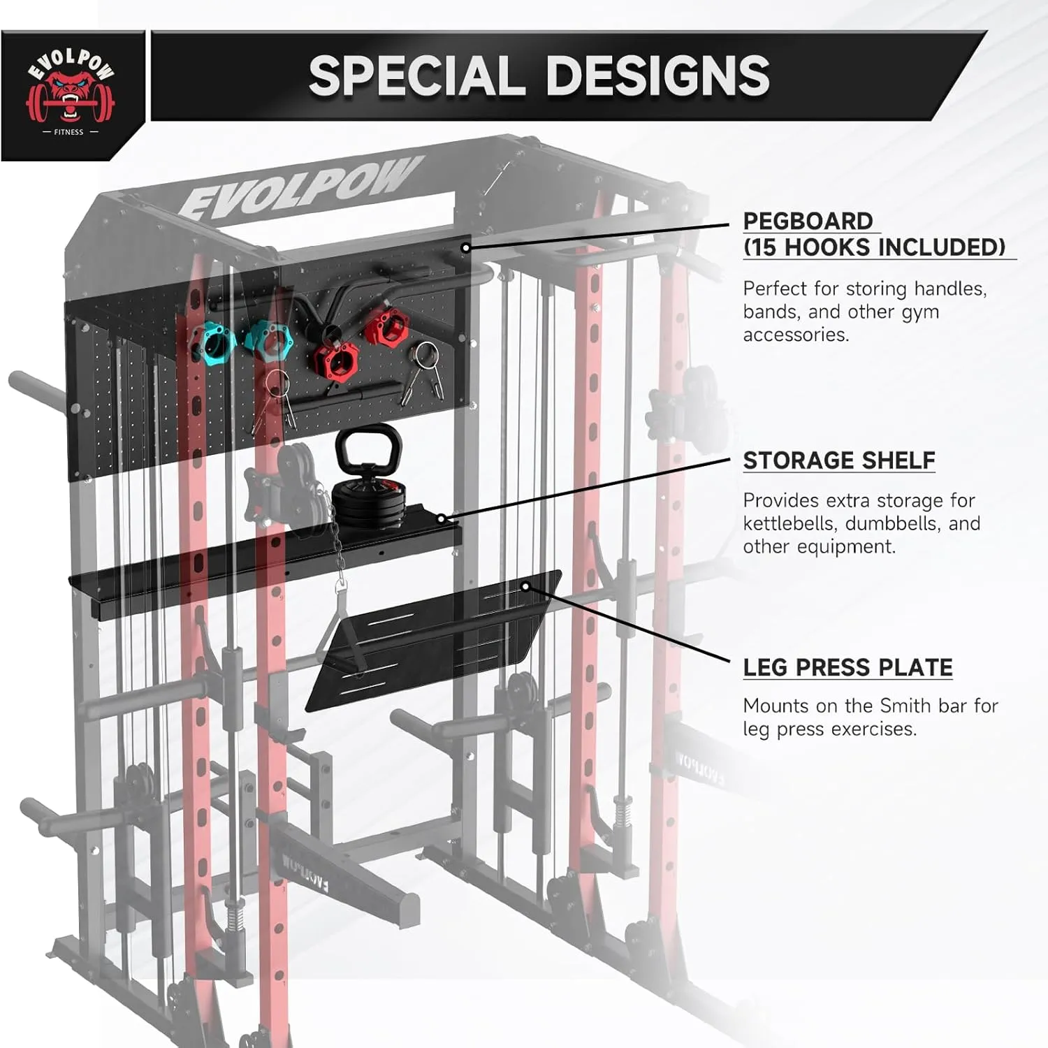 EVOLPOW M2B Power Cage with LAT Pulldown, Cable Crossover, Leg Press Plate, Storage Shelf, Pegboard for Home Gym