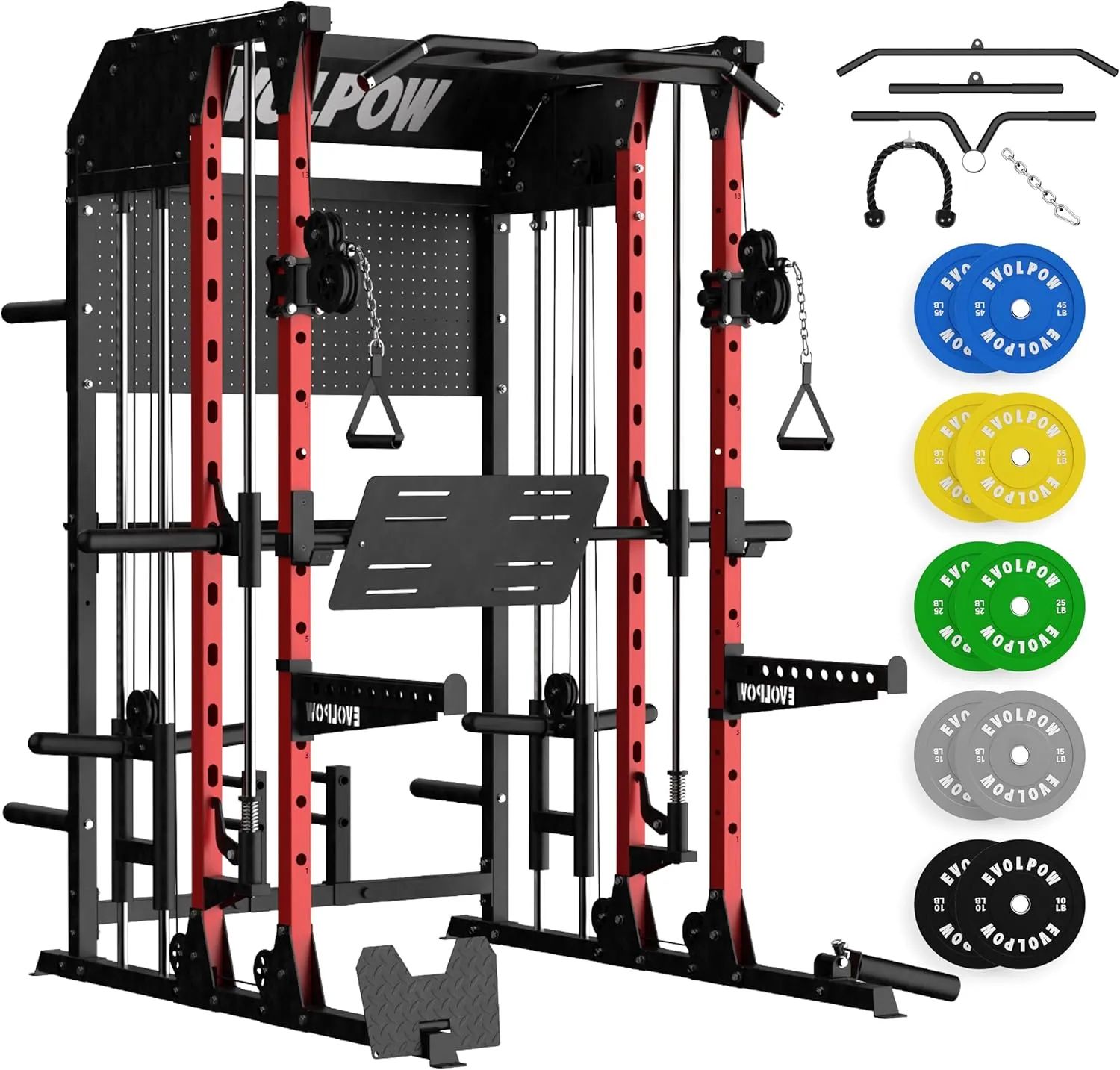 EVOLPOW M2B Power Cage with LAT Pulldown, Cable Crossover, Leg Press Plate, Storage Shelf, Pegboard for Home Gym