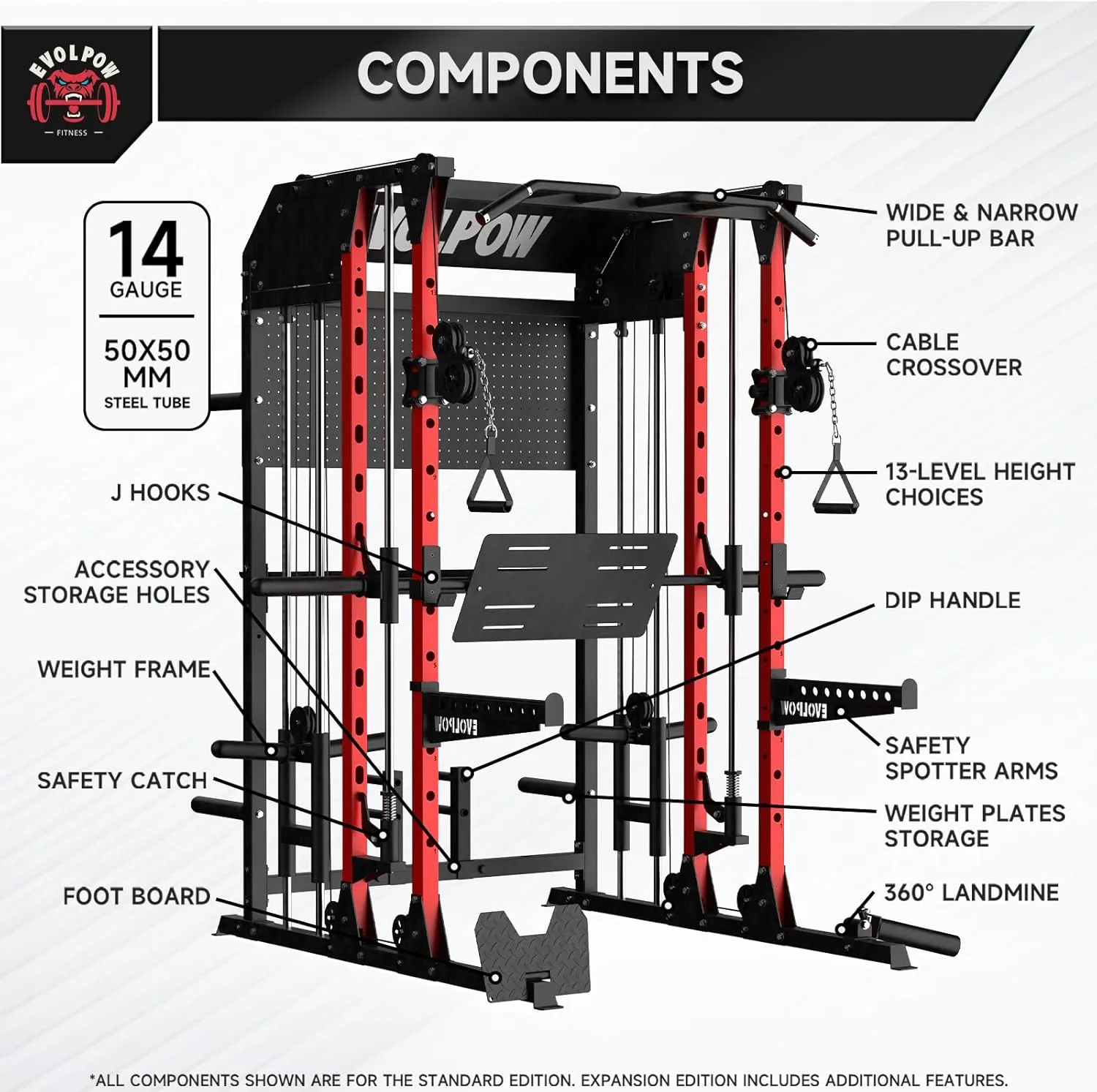 EVOLPOW M2B Power Cage with LAT Pulldown, Cable Crossover, Leg Press Plate, Storage Shelf, Pegboard for Home Gym