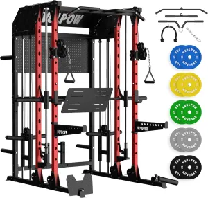 EVOLPOW M2B Power Cage with LAT Pulldown, Cable Crossover, Leg Press Plate, Storage Shelf, Pegboard for Home Gym