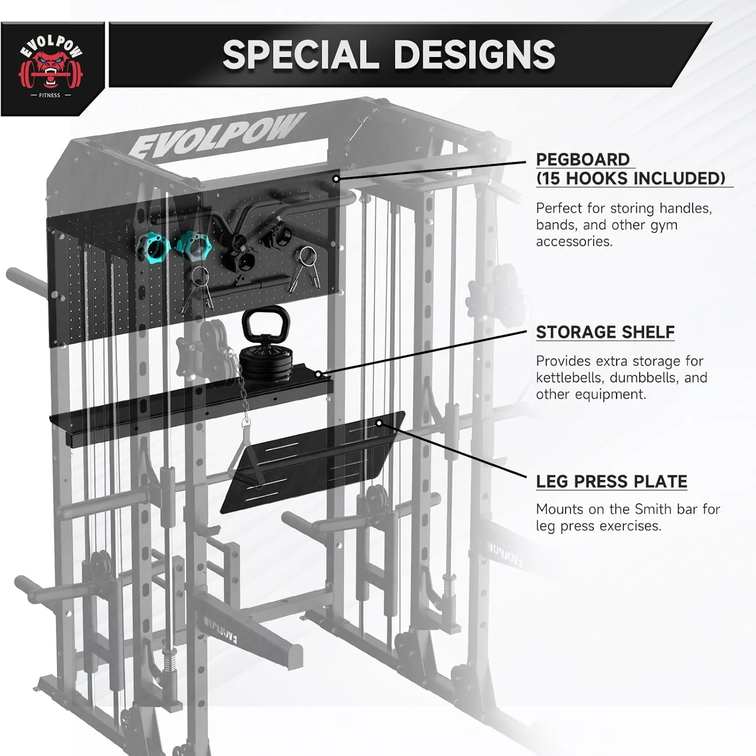 EVOLPOW M2B Smith Machine with LAT Pulldown, Cable Crossover, Leg Press Plate, Storage Shelf, Pegboard for Home Gym