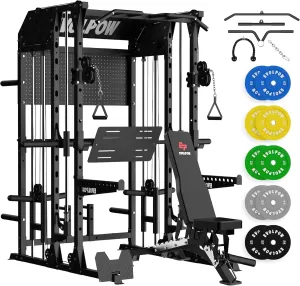 EVOLPOW M2B Smith Machine with LAT Pulldown, Cable Crossover, Leg Press Plate, Storage Shelf, Pegboard for Home Gym