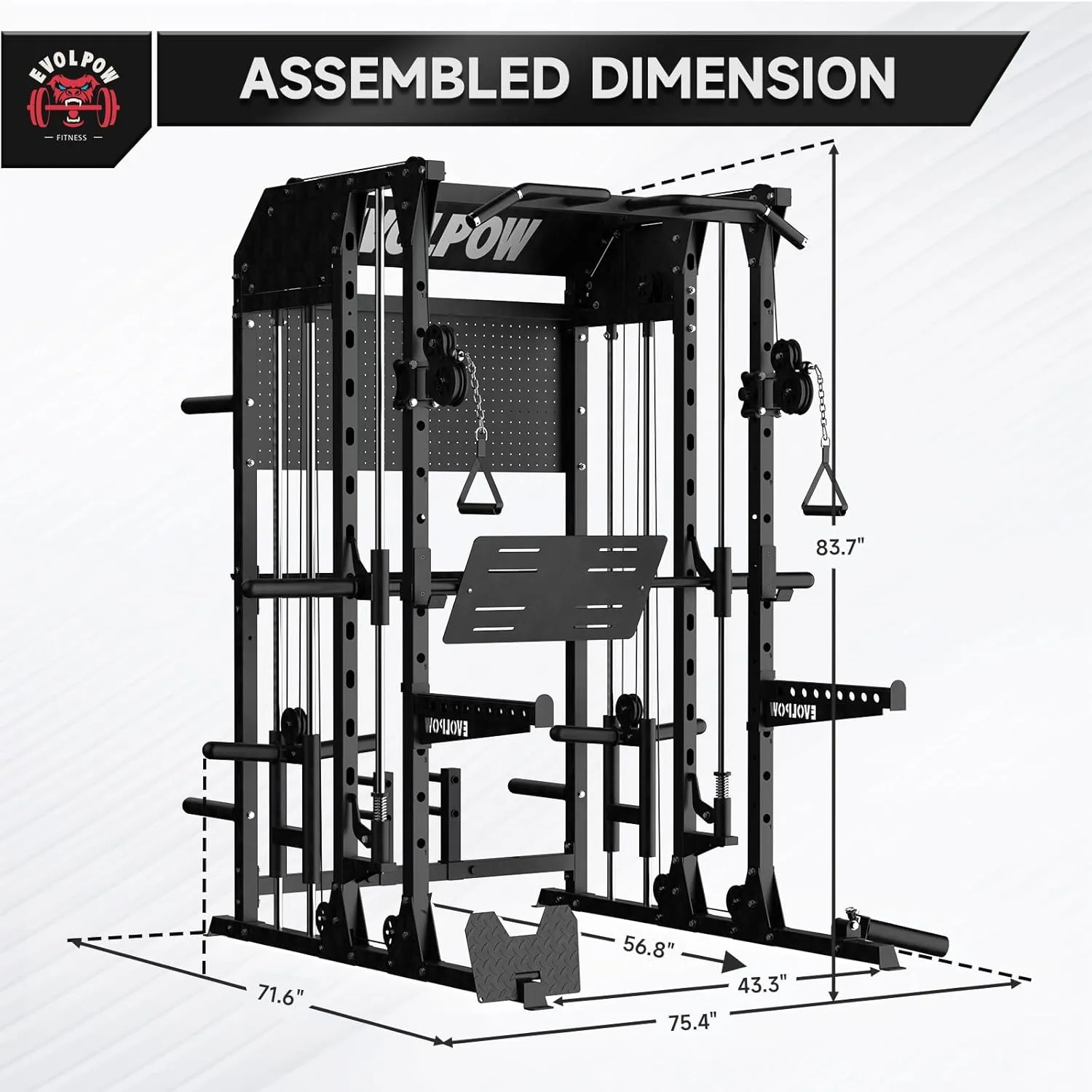 EVOLPOW M2B Smith Machine with LAT Pulldown, Cable Crossover, Leg Press Plate, Storage Shelf, Pegboard for Home Gym