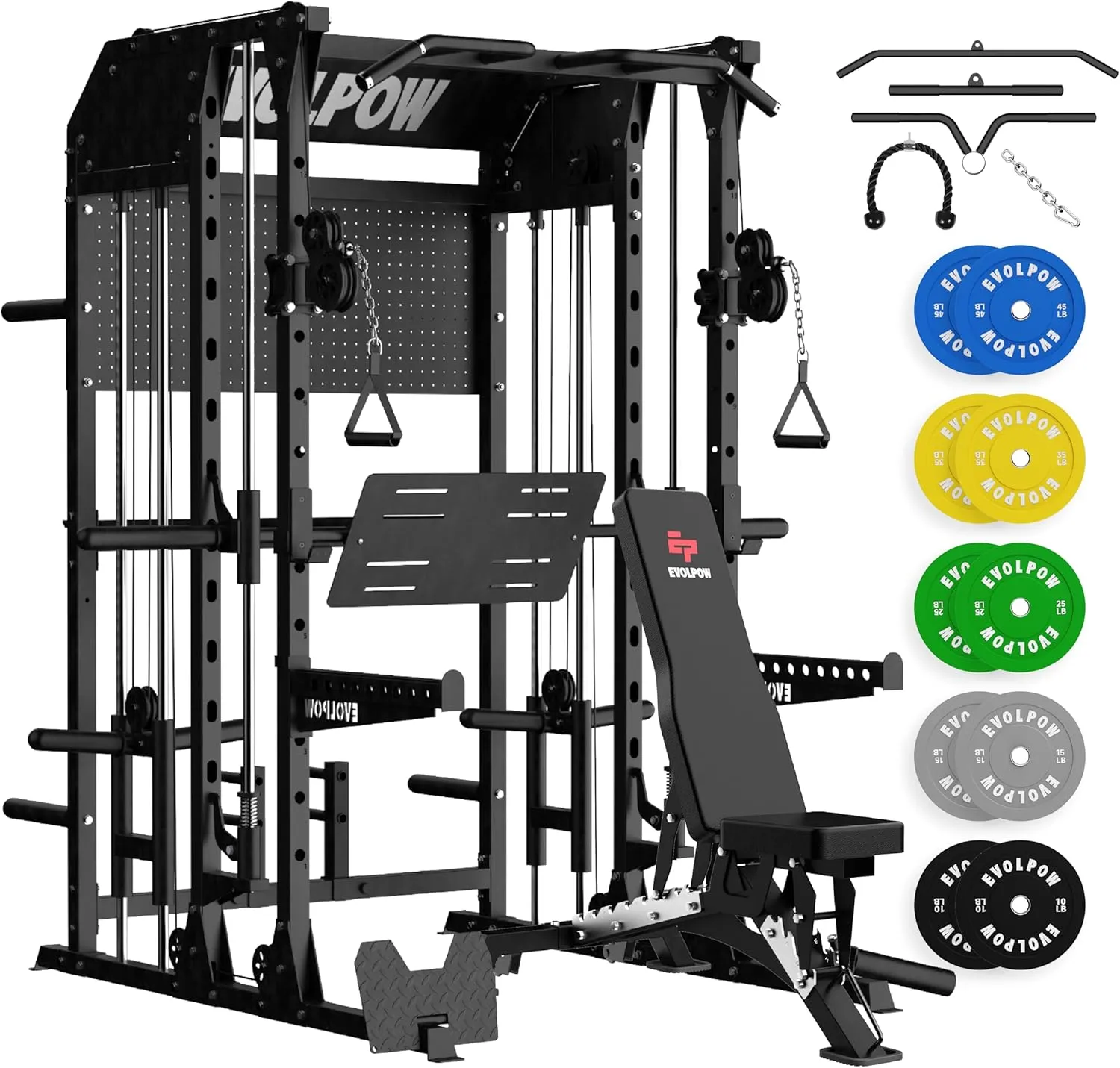 EVOLPOW M2B Smith Machine with LAT Pulldown, Cable Crossover, Leg Press Plate, Storage Shelf, Pegboard for Home Gym