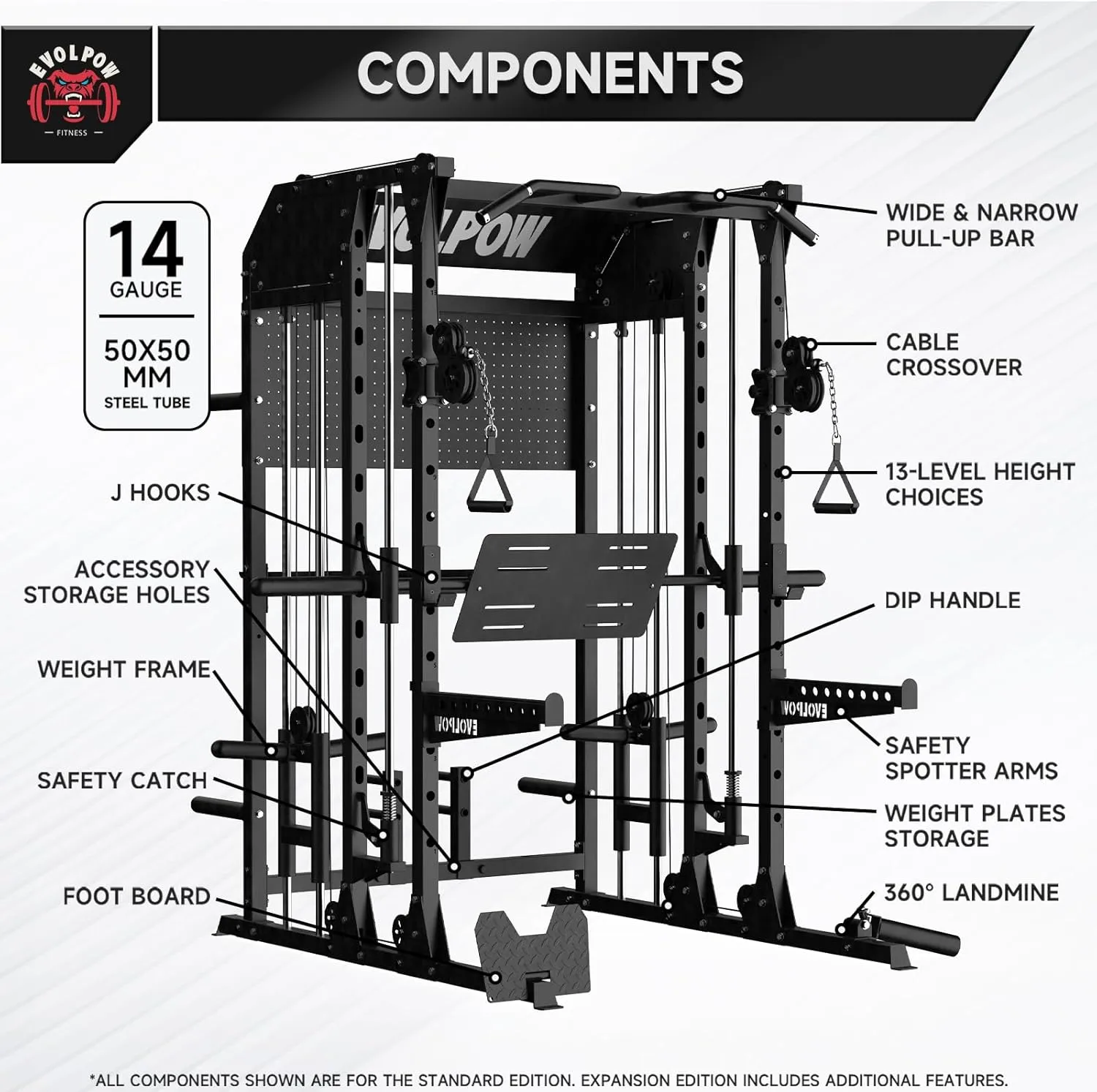 EVOLPOW M2B Smith Machine with LAT Pulldown, Cable Crossover, Leg Press Plate, Storage Shelf, Pegboard for Home Gym