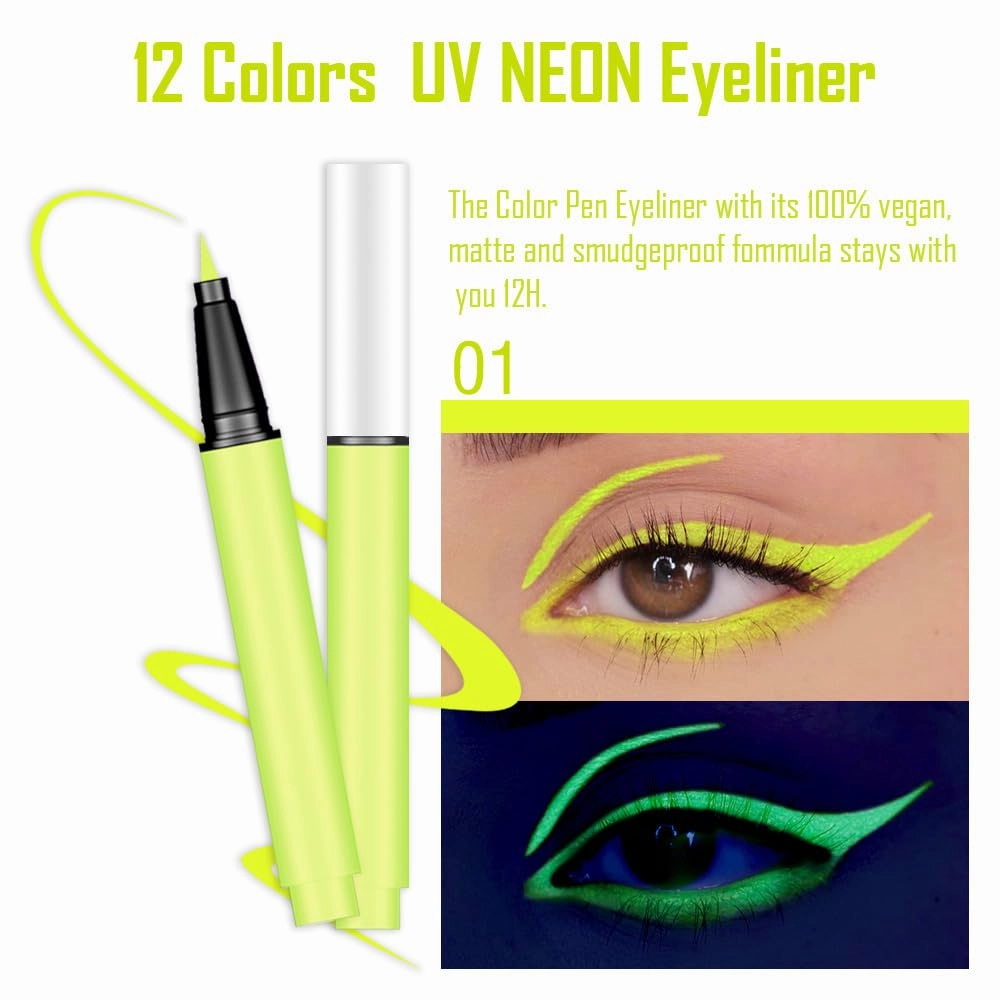 evpct Colorful UV Neon Liquid Eyeliner Pencil Pen, Rainbow Halloween Matte Colored Eyeliners Pencil Glow in Dark, Waterproof Long Lasting Highpigmented Delineador ojos líquido de neón 02# light green