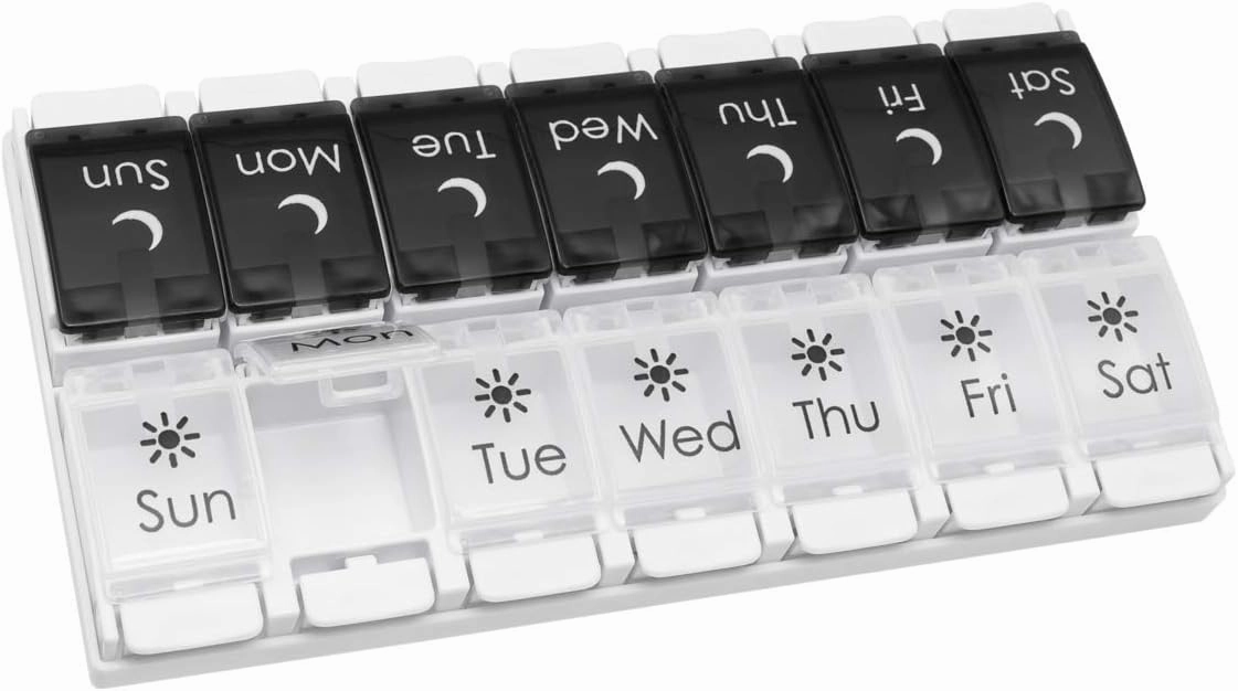 EZY DOSE Push Button (7-Day) Pill Case, Medicine Planner, Vitamin Organizer, 2 Times a Day AM/PM, Removeabale Trays, Large Compartments, Arthritis Friendly, Black and White Lids, BPA Free
