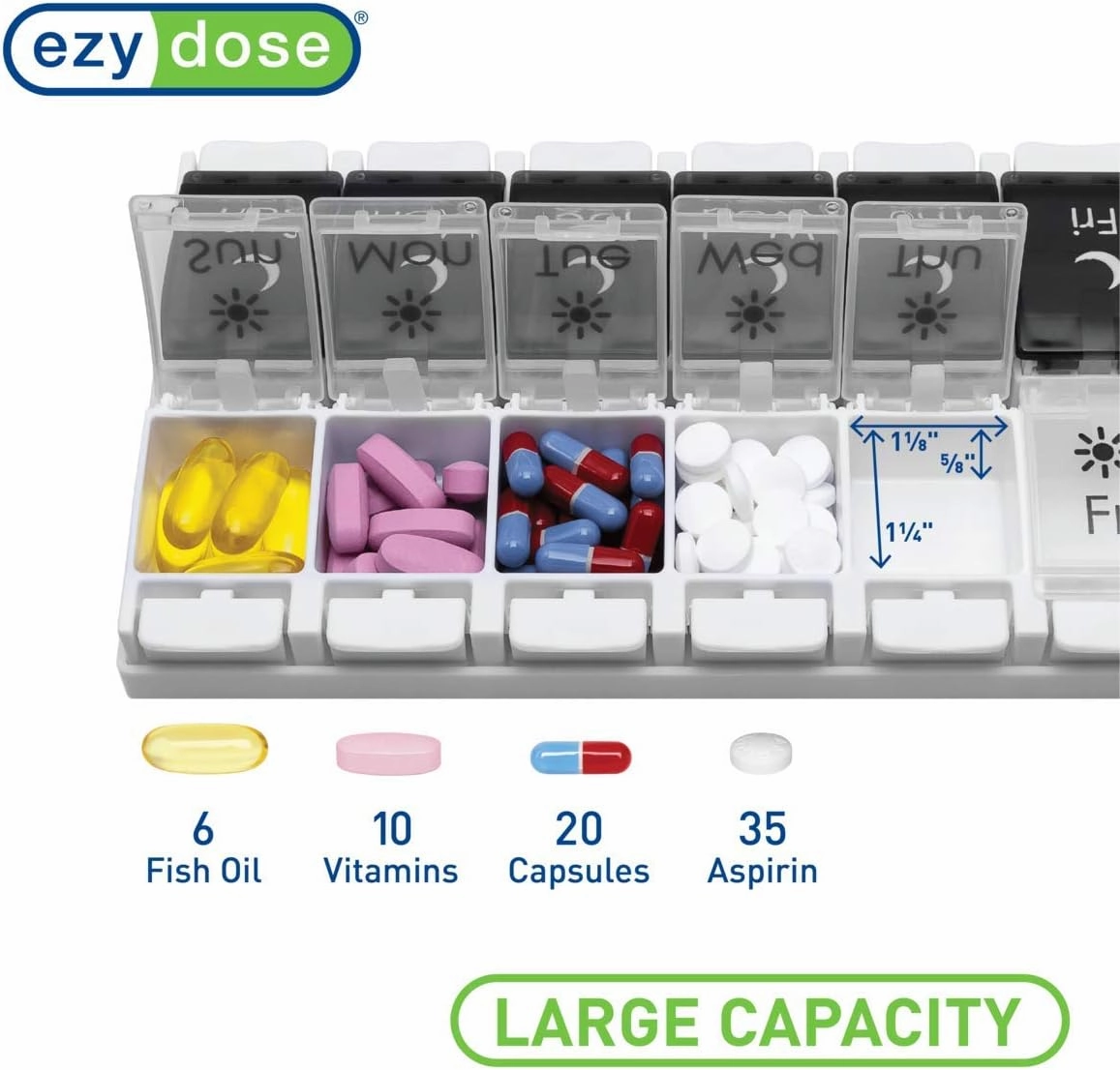 EZY DOSE Push Button (7-Day) Pill Case, Medicine Planner, Vitamin Organizer, 2 Times a Day AM/PM, Removeabale Trays, Large Compartments, Arthritis Friendly, Black and White Lids, BPA Free