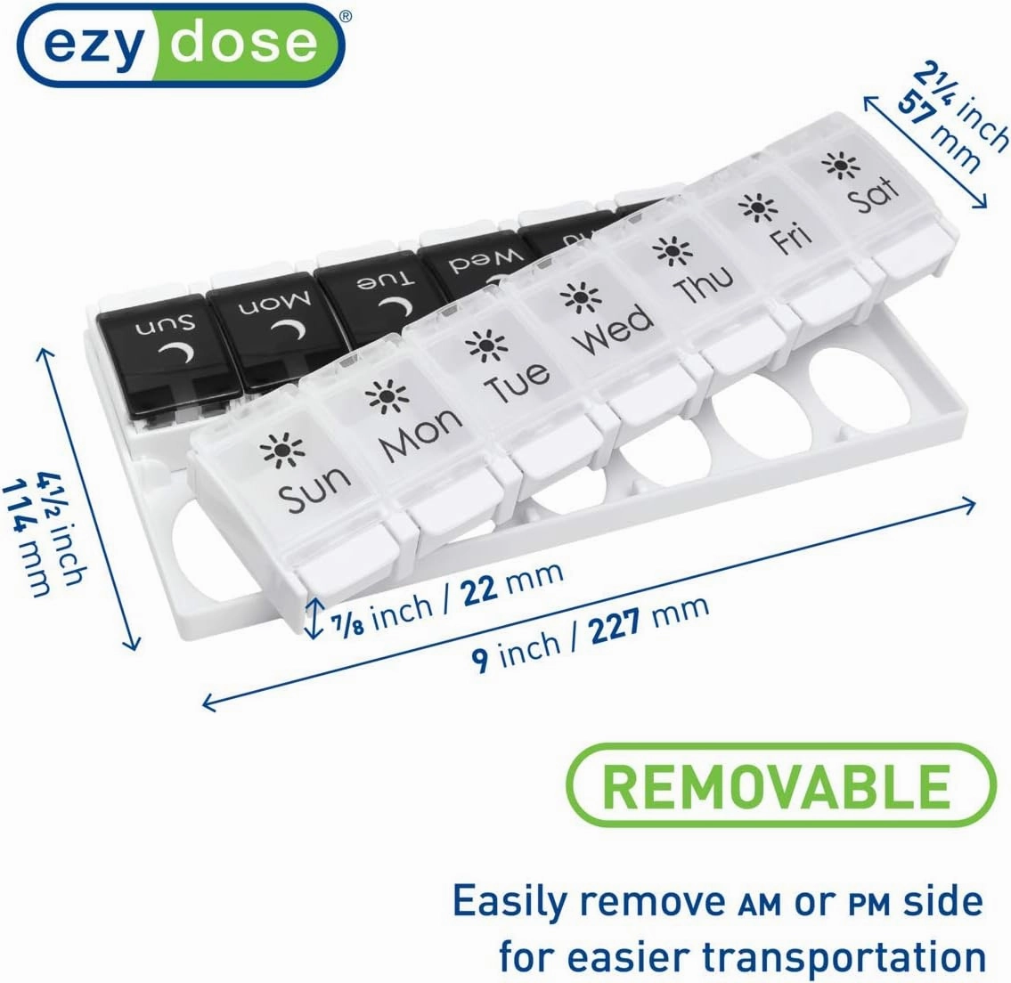 EZY DOSE Push Button (7-Day) Pill Case, Medicine Planner, Vitamin Organizer, 2 Times a Day AM/PM, Removeabale Trays, Large Compartments, Arthritis Friendly, Black and White Lids, BPA Free