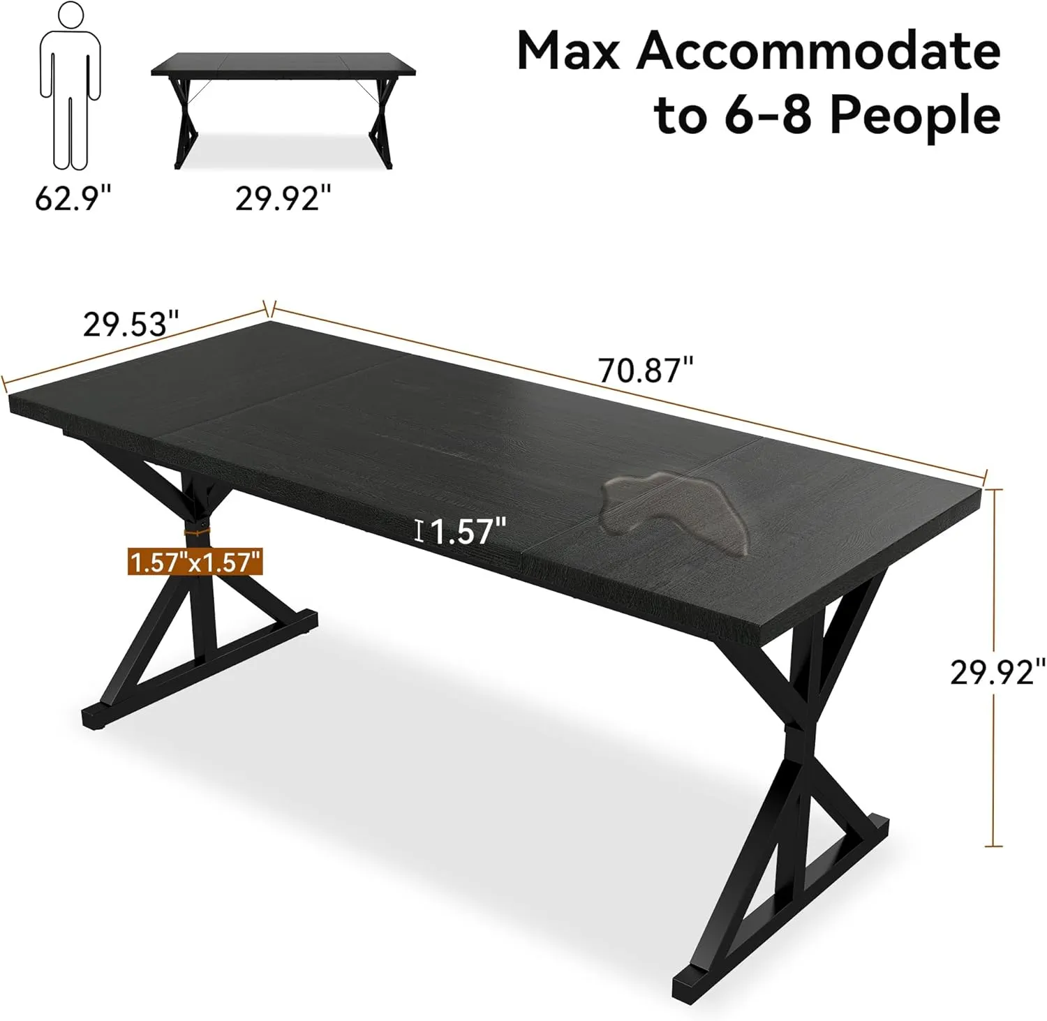 Farmhouse Dining Table for 6-8 People, 70.8 Inch Rectangular Wood Dining Table, Rustic Kitchen Table with Extra Heavy Duty Metal Legs for Dining Room - Black/Black