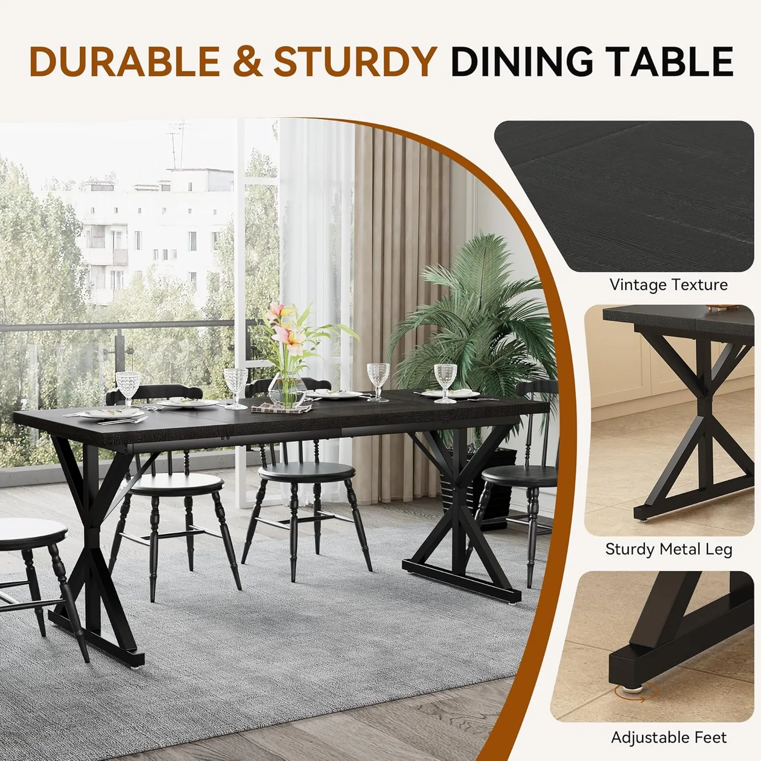 Farmhouse Dining Table for 6-8 People, 70.8 Inch Rectangular Wood Dining Table, Rustic Kitchen Table with Extra Heavy Duty Metal Legs for Dining Room - Black/Black