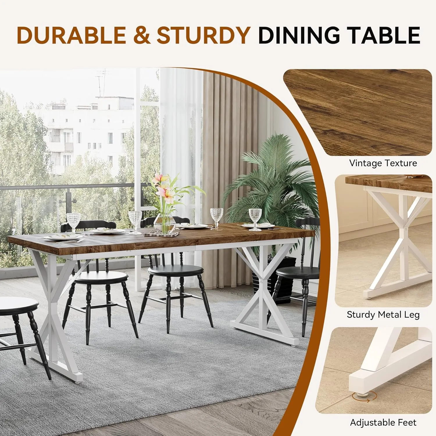 Farmhouse Dining Table for 6-8 People, 70.8 Inch Rectangular Wood Dining Table, Rustic Kitchen Table with Extra Heavy Duty Metal Legs for Dining Room - Rustic Oak/White