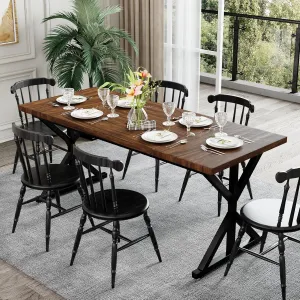 Farmhouse Dining Table for 6 People, 70.8 Inch Rectangular Wood Dining Table, Rustic Kitchen Table with Extra Heavy Duty Metal Legs for Dining Room - Walnut/Black