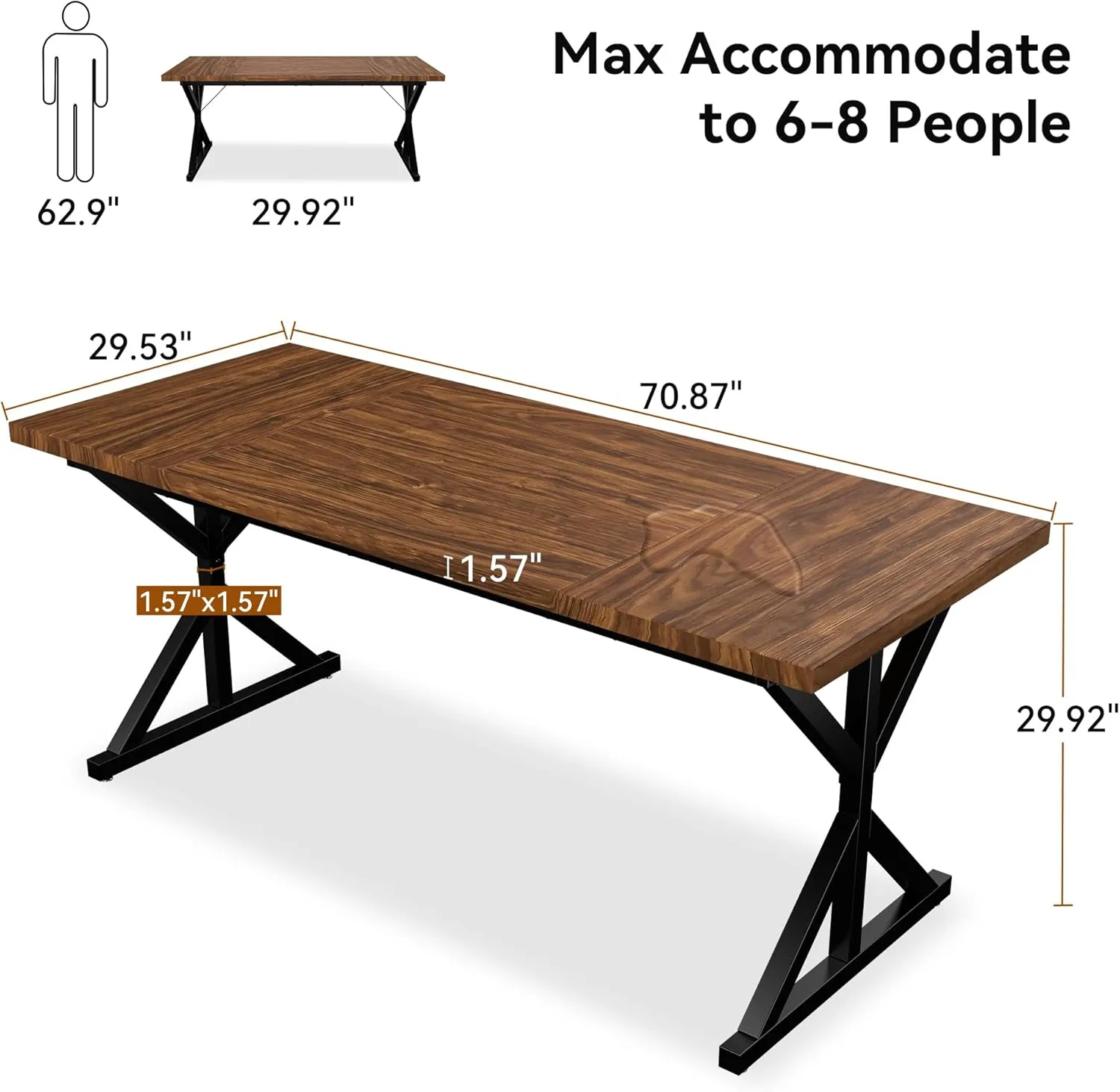 Farmhouse Dining Table for 6 People, 70.8 Inch Rectangular Wood Dining Table, Rustic Kitchen Table with Extra Heavy Duty Metal Legs for Dining Room - Walnut/Black
