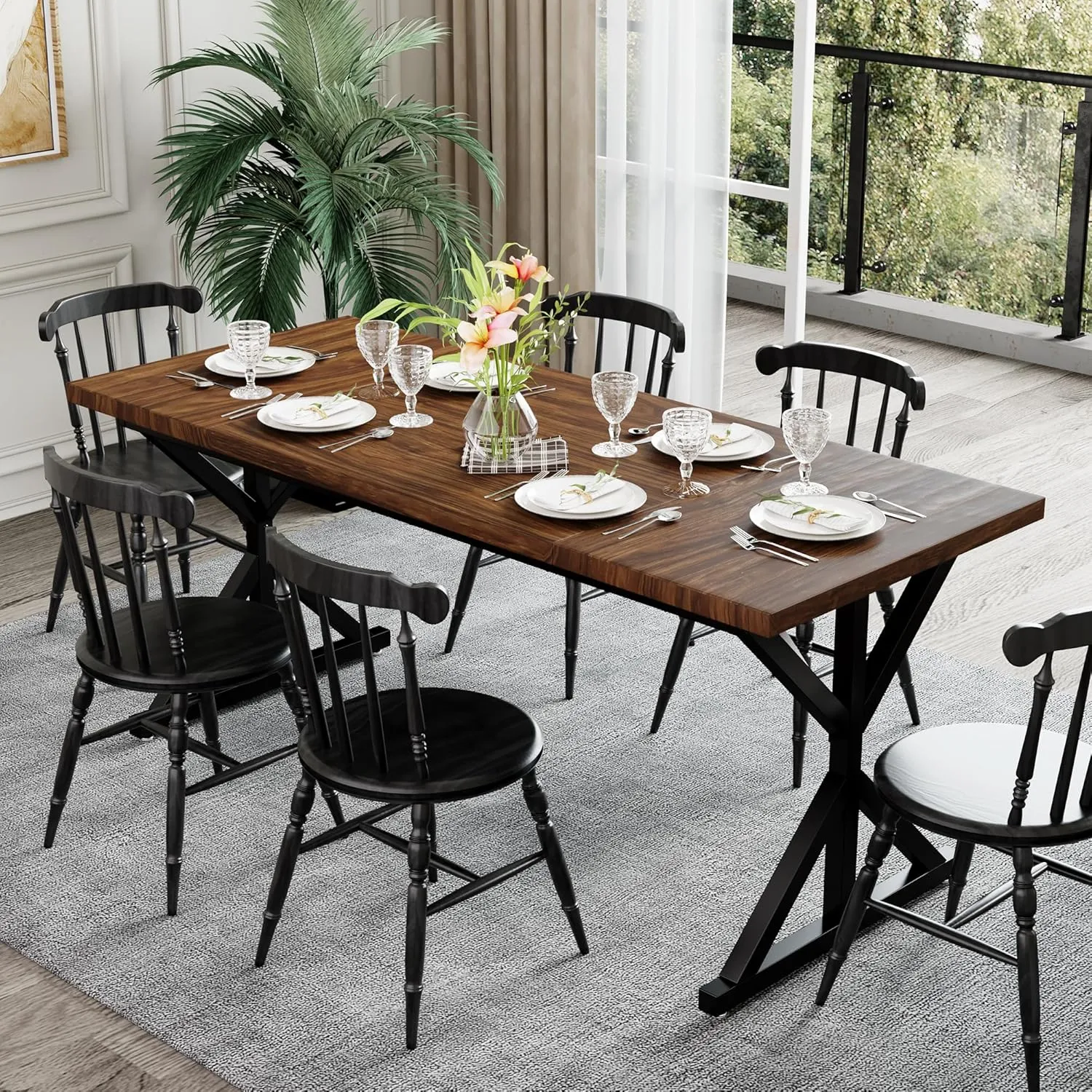 Farmhouse Dining Table for 6 People, 70.8 Inch Rectangular Wood Dining Table, Rustic Kitchen Table with Extra Heavy Duty Metal Legs for Dining Room - Walnut/Black