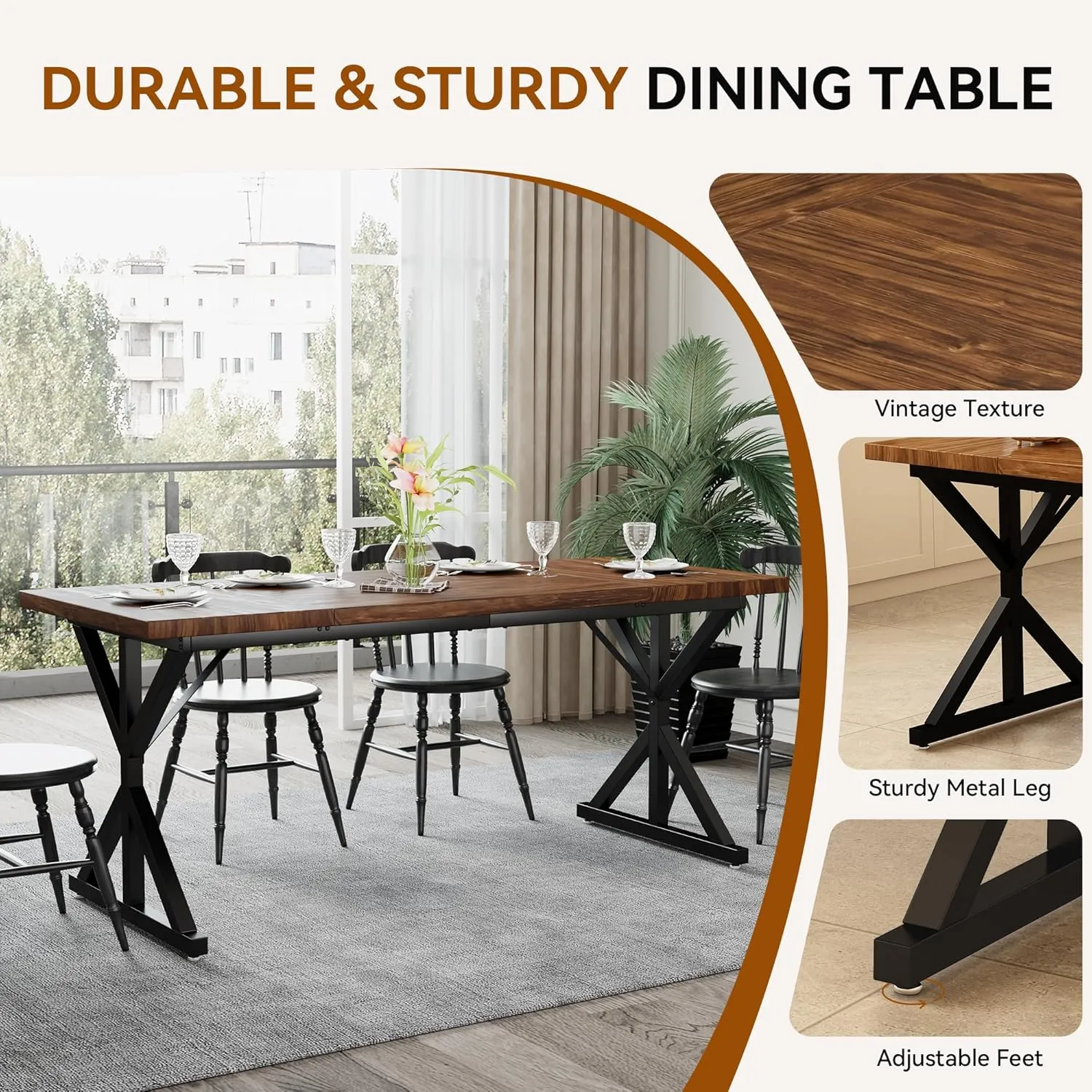 Farmhouse Dining Table for 6 People, 70.8 Inch Rectangular Wood Dining Table, Rustic Kitchen Table with Extra Heavy Duty Metal Legs for Dining Room - Walnut/Black