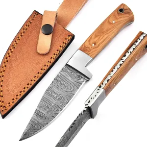 Fixed Blade Hunting Knife Damascus Steel EDC Bushcraft Knives, Full Tang Scout Carry Knife with Leather Sheath, Ideal for Skinning Outdoor Camping, Hunting, Hiking, Survival Knives