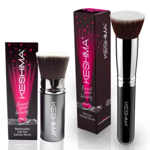 Flat Top Kabuki Foundation Brushes Bundle By KESHIMA - Regular & Retractable - Premium Makeup Brushes for Liquid, Cream, and Powder