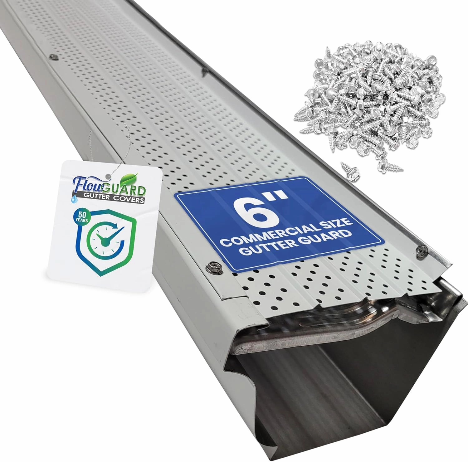 FlowGuard USA Made Professional DIY 6 Inch 50-Year Gutter Cover System - White - Aluminum Gutter Guards - 102 Feet - by FlexxPoint