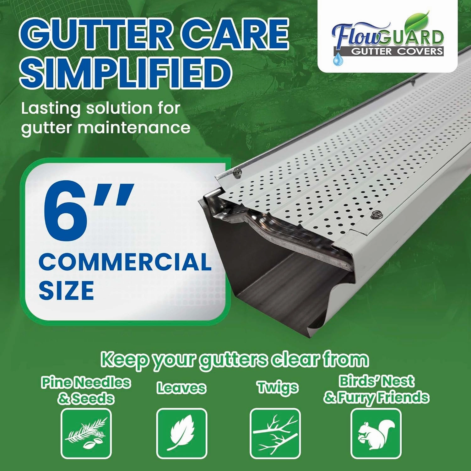FlowGuard USA Made Professional DIY 6 Inch 50-Year Gutter Cover System - White - Aluminum Gutter Guards - 102 Feet - by FlexxPoint