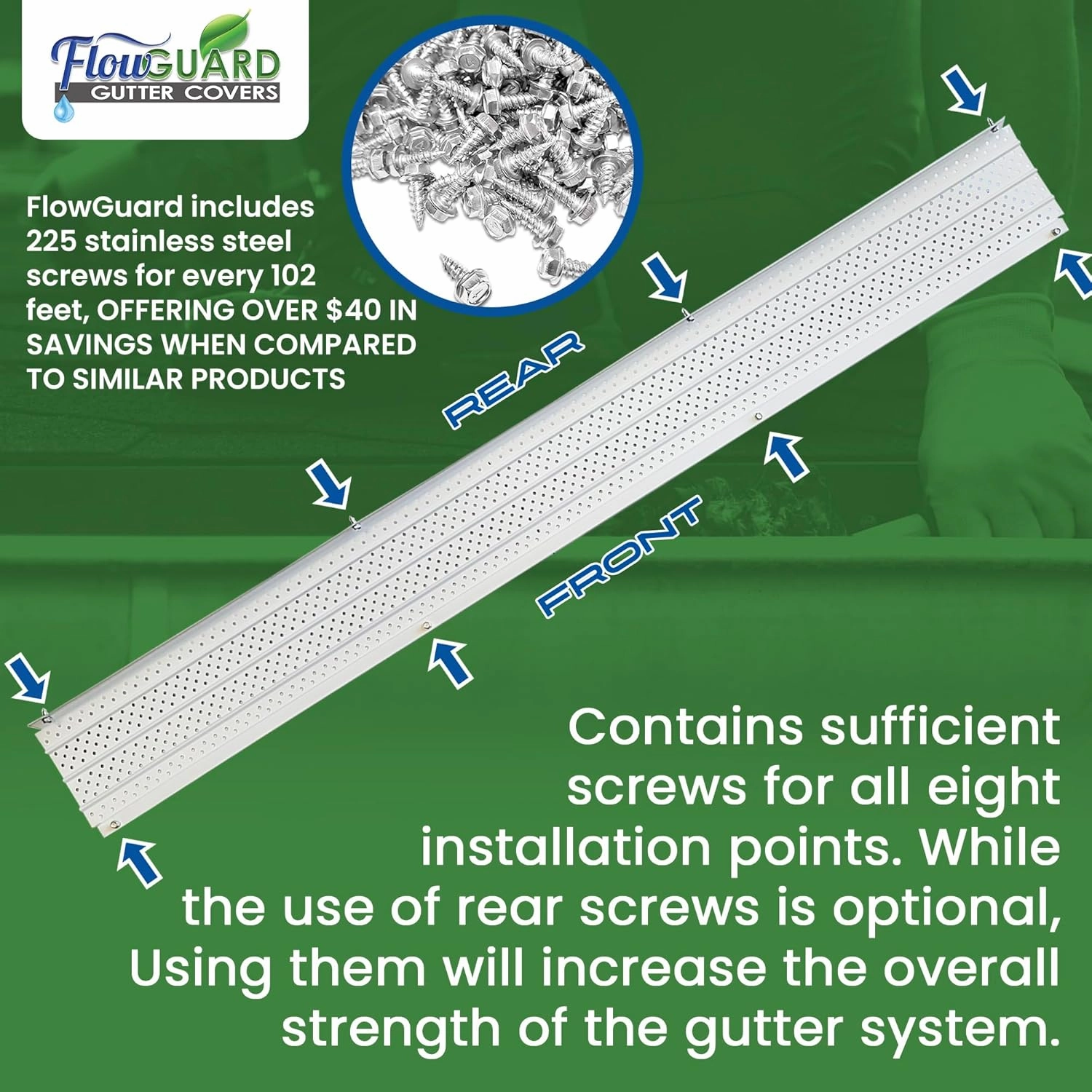 FlowGuard USA Made Professional DIY 6 Inch 50-Year Gutter Cover System - White - Aluminum Gutter Guards - 102 Feet - by FlexxPoint