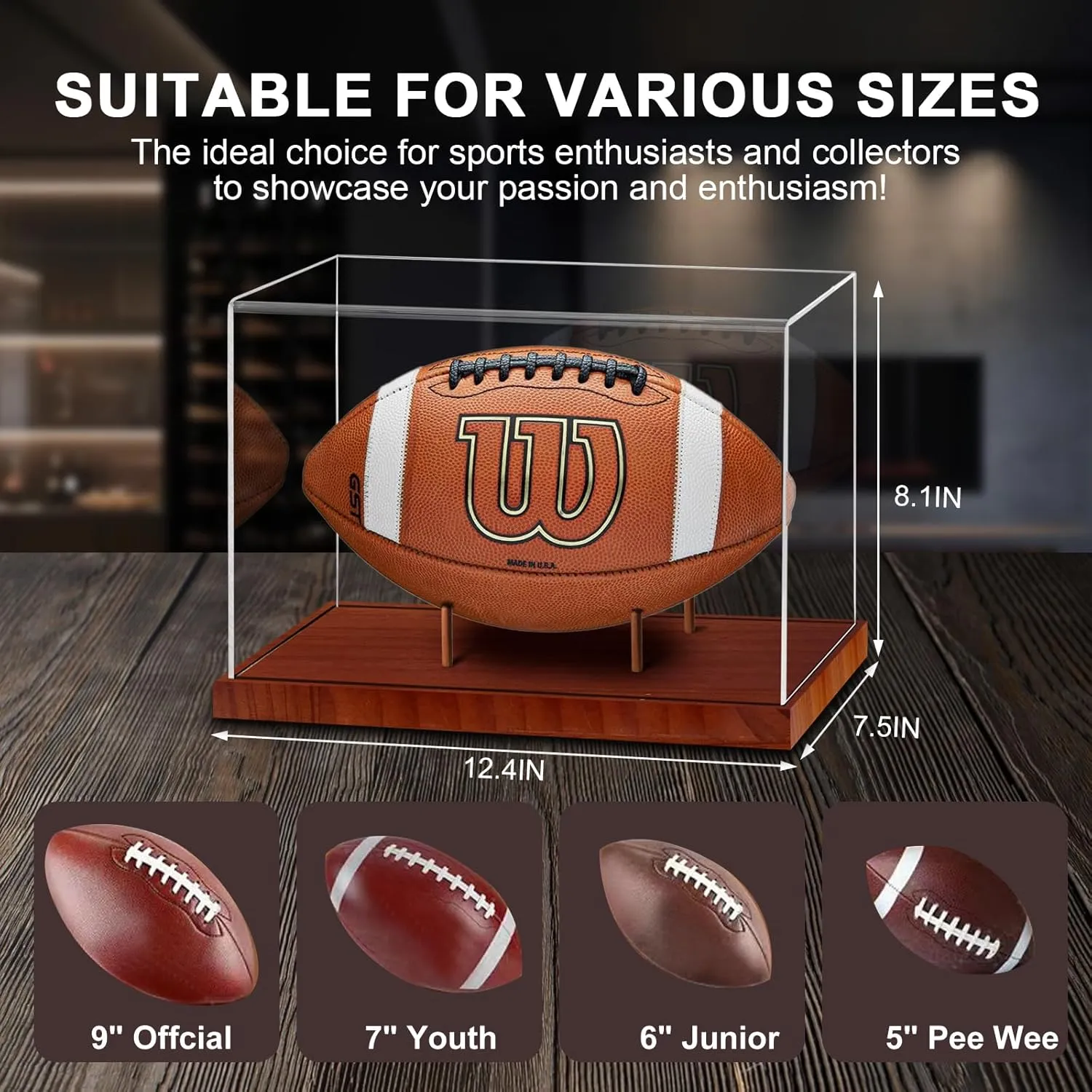 Football Display Case, Acrylic Football Case Clear, UV Protected Display Case with Solid Wood Base Stand for Full Size Signed Football Holder, Football Display Box for Football Fans & Collectors