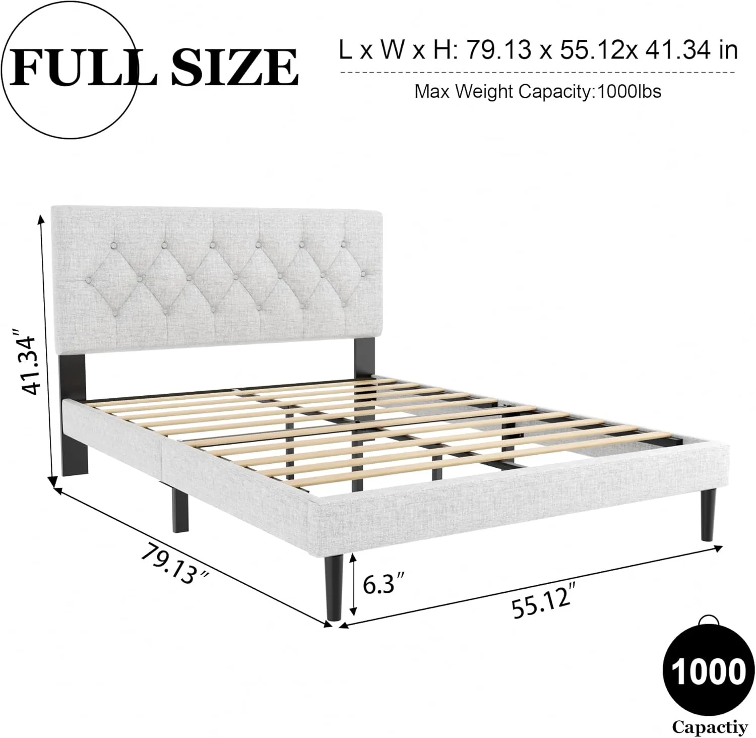 Full Size Platform Bed Frame with Upholstered Button Tufted Headboard, Mattress Foundation with Wooden Slat Support, Noise Free, No Box Spring Needed, Easy Assembly, Light Grey