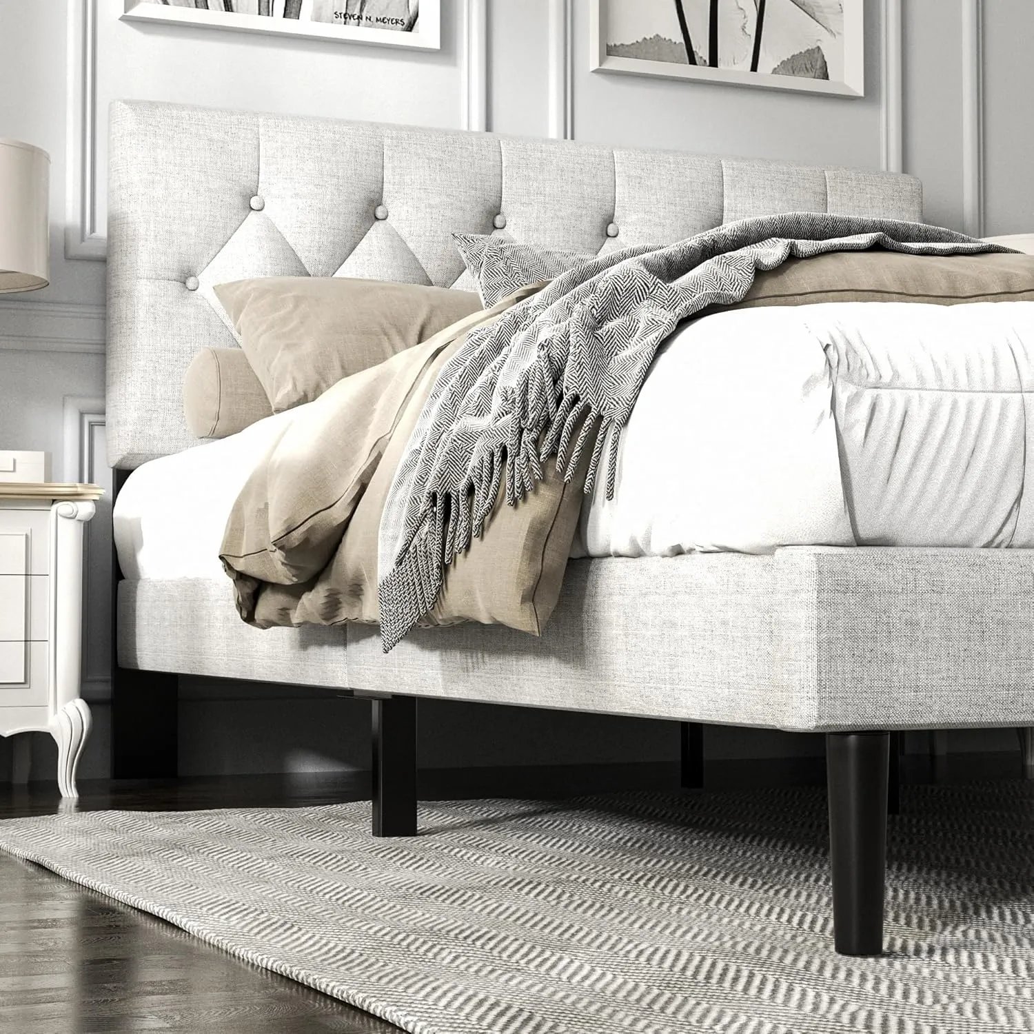 Full Size Platform Bed Frame with Upholstered Button Tufted Headboard, Mattress Foundation with Wooden Slat Support, Noise Free, No Box Spring Needed, Easy Assembly, Light Grey