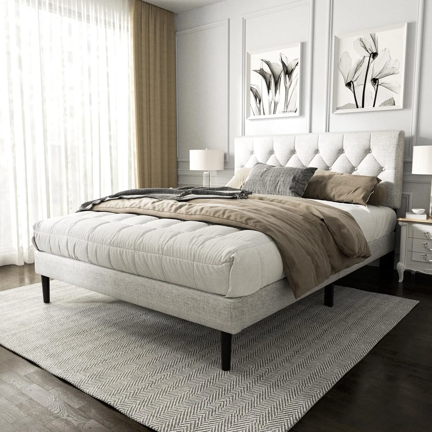 Full Size Platform Bed Frame with Upholstered Button Tufted Headboard, Mattress Foundation with Wooden Slat Support, Noise Free, No Box Spring Needed, Easy Assembly, Light Grey