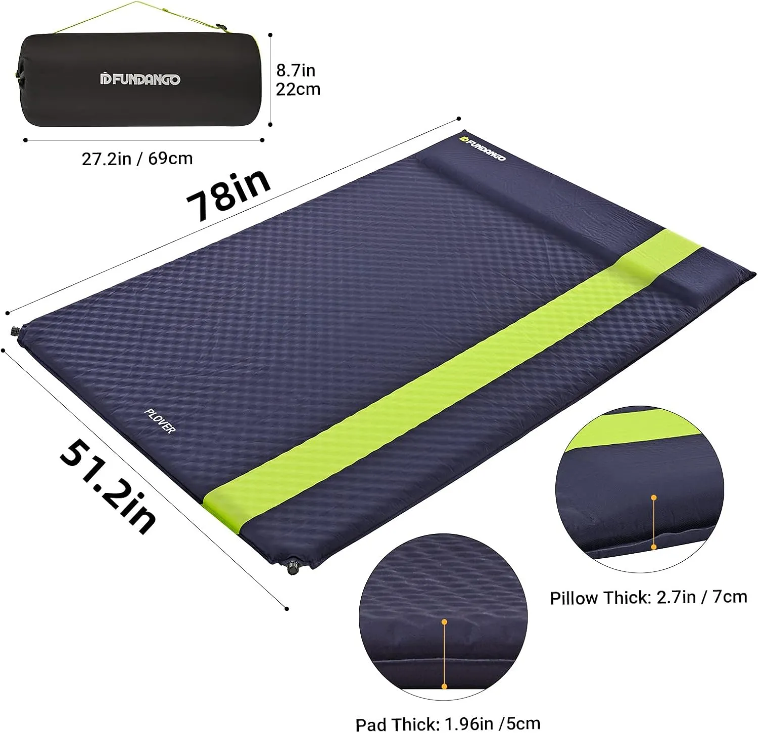 FUNDANGO Self Inflating Sleeping Pad for Camping 2 Person with Pillow, Camping Foam Air Mattress Portable 1.96 Inch Large Size for 2 Person, Navy