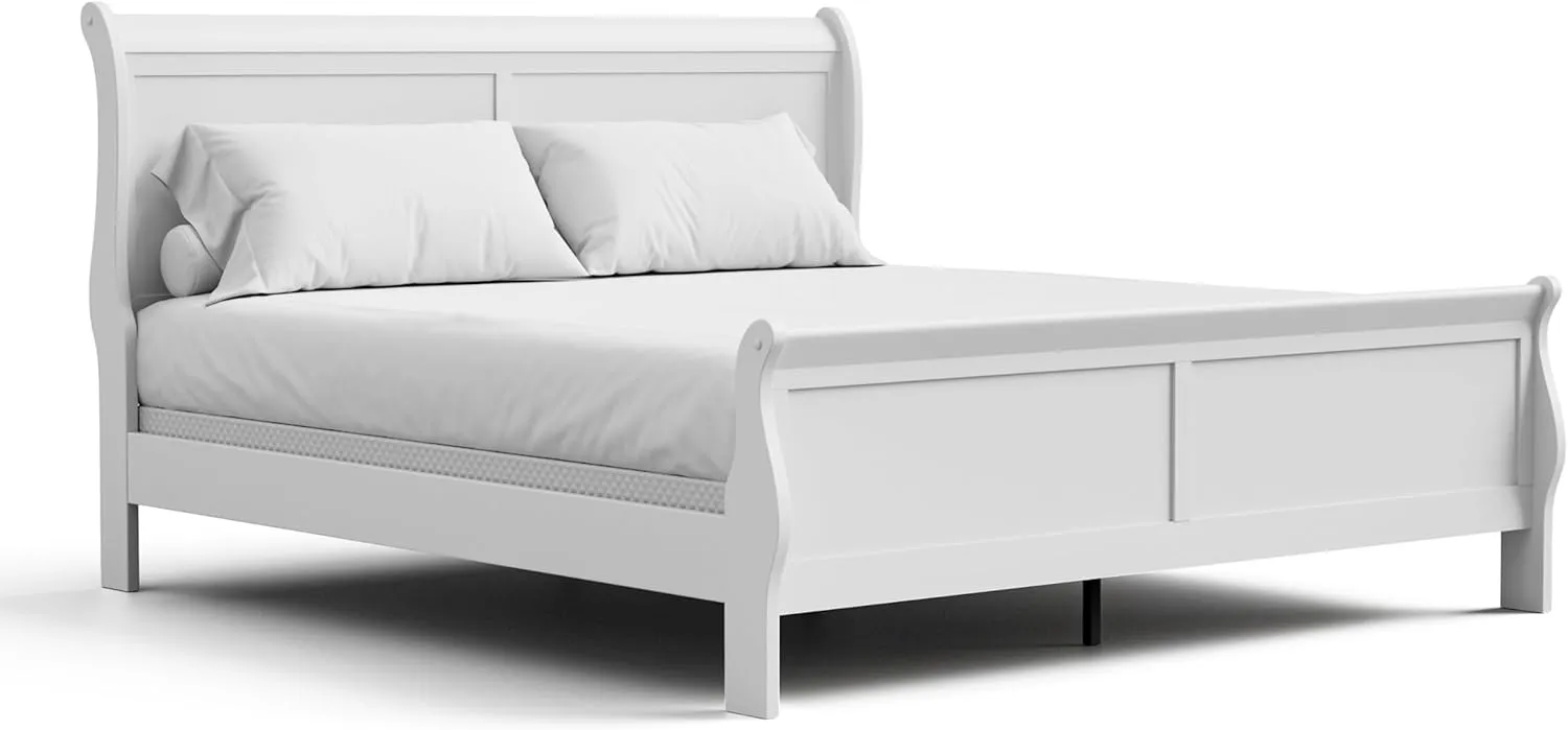Furniture of America Arabella Traditional Wood King Bed Frame with Headboard and Footboard, Elegant Sleigh Design Bedframe for Bedroom, Guest Room, Easy Assembly, Box Spring Required, White