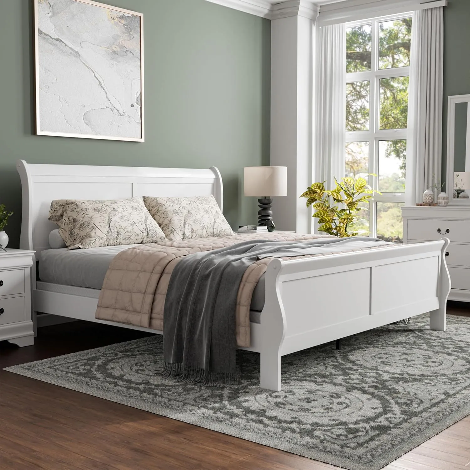 Furniture of America Arabella Traditional Wood King Bed Frame with Headboard and Footboard, Elegant Sleigh Design Bedframe for Bedroom, Guest Room, Easy Assembly, Box Spring Required, White