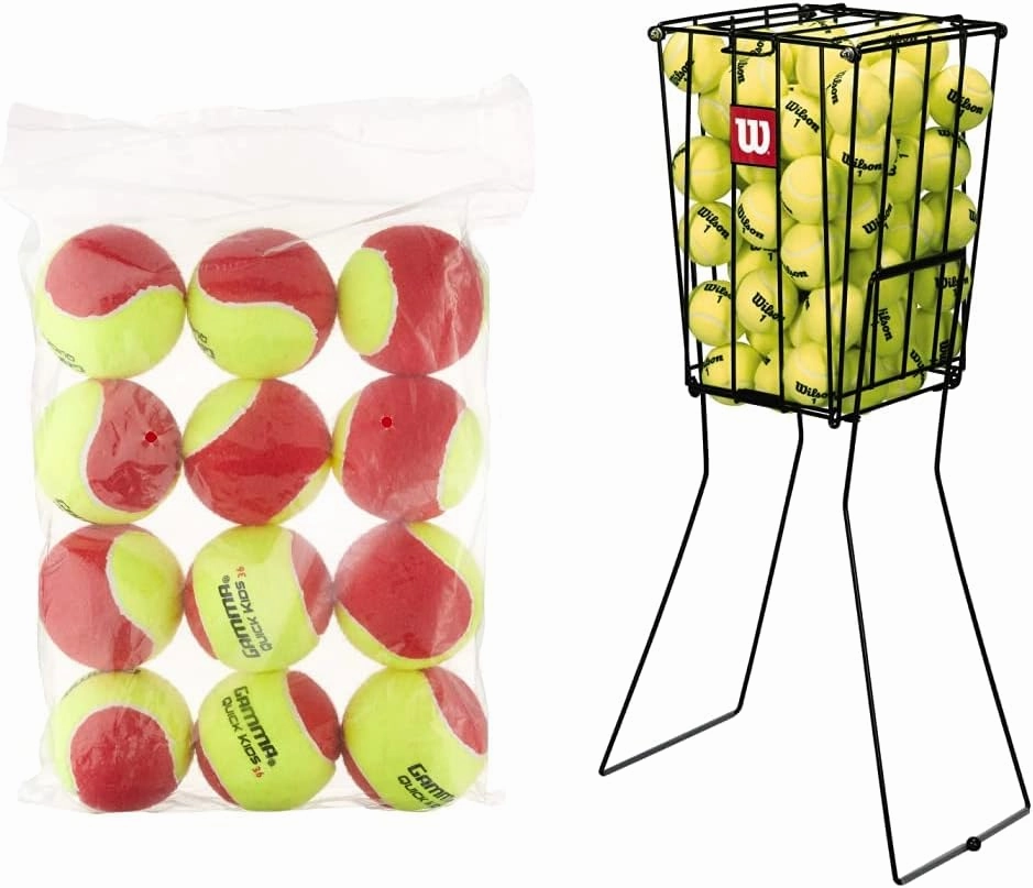 GAMMA Sports Kids Training (Transition) Balls, Yellow/Orange, Quick Kids 36, 12-Pack & WILSON Tennis Ball Pick Up Hopper -75 Balls capacity