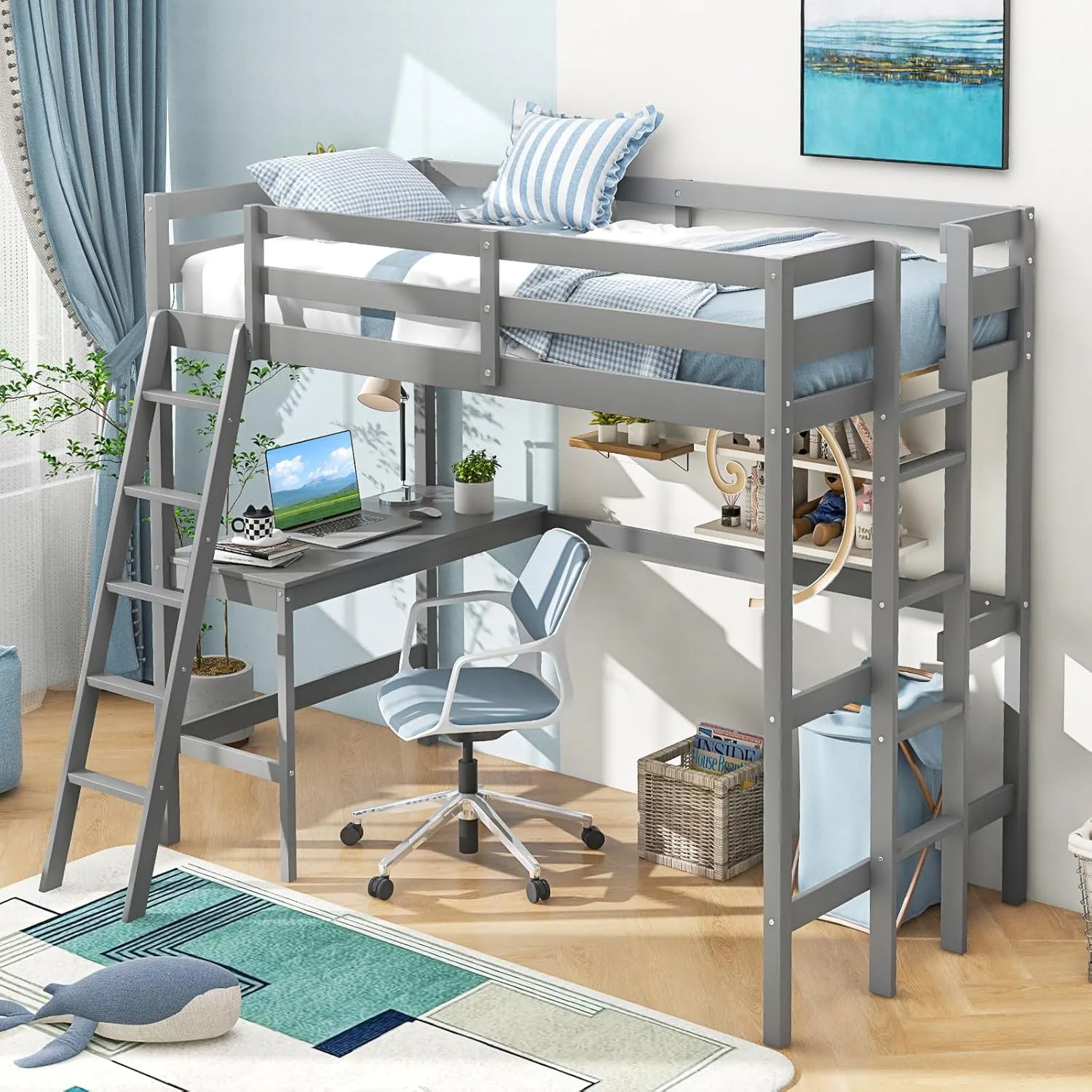 Giantex Twin Size Loft Bed with Desk, Solid Wood Loft Bed with 2 Ladders & Full Length Guardrail, Modern Space-Saving Twin Bed Frame for Kids Teens Adults, No Box Spring Needed (Grey)
