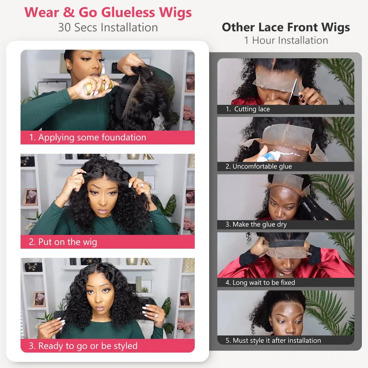 Glueless Bob Wigs Human Hair Pre Plucked Pre Cut Curly Human Hair Wigs for Black Women Deep Wave 5x5 HD Lace Closure Wigs Ready to Wear and Go Glueless Wigs 200% Density