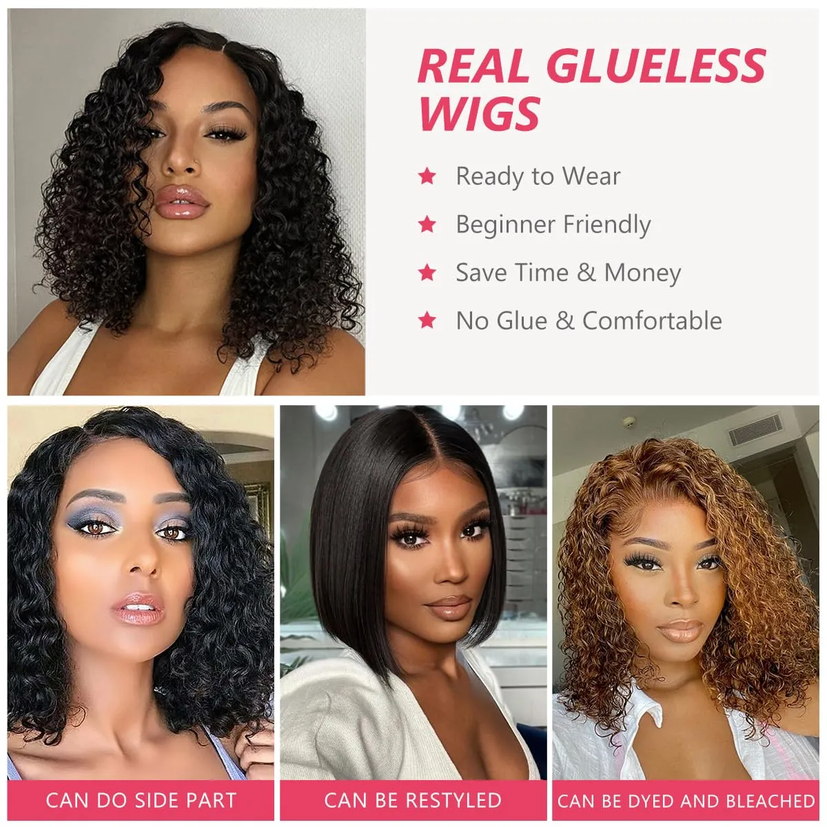 Glueless Bob Wigs Human Hair Pre Plucked Pre Cut Curly Human Hair Wigs for Black Women Deep Wave 5x5 HD Lace Closure Wigs Ready to Wear and Go Glueless Wigs 200% Density