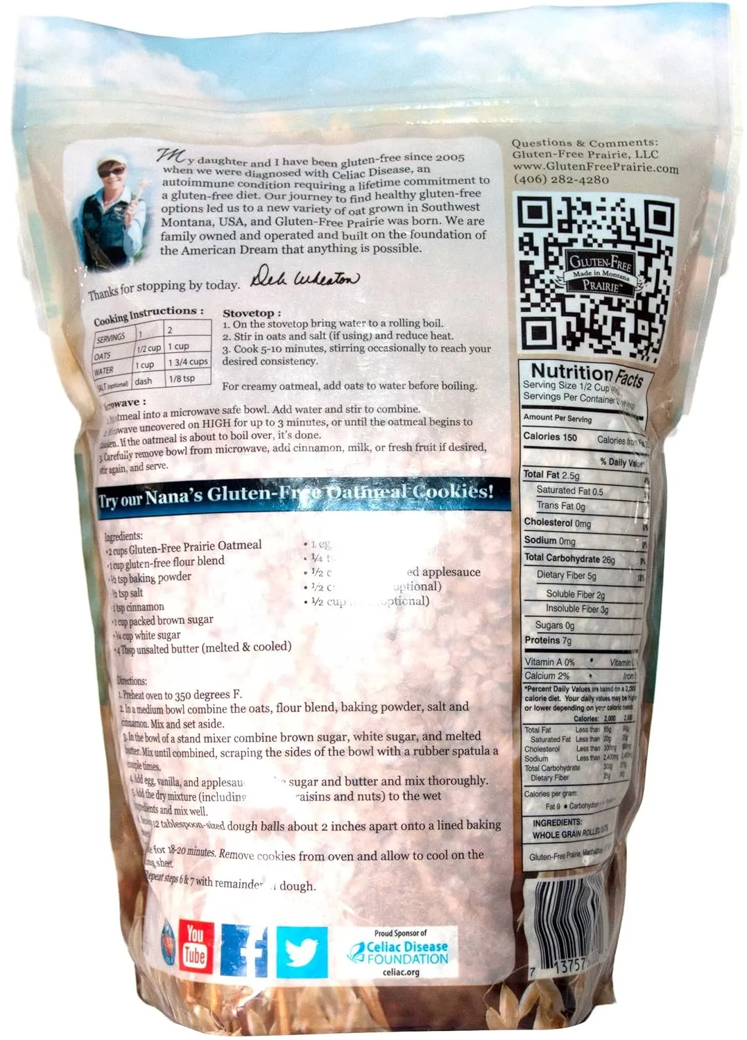 Gluten-Free Prairie Oatmeal, Certified Gluten Free Purity Protocol, Non-GMO, Vegan, 3 Pounds